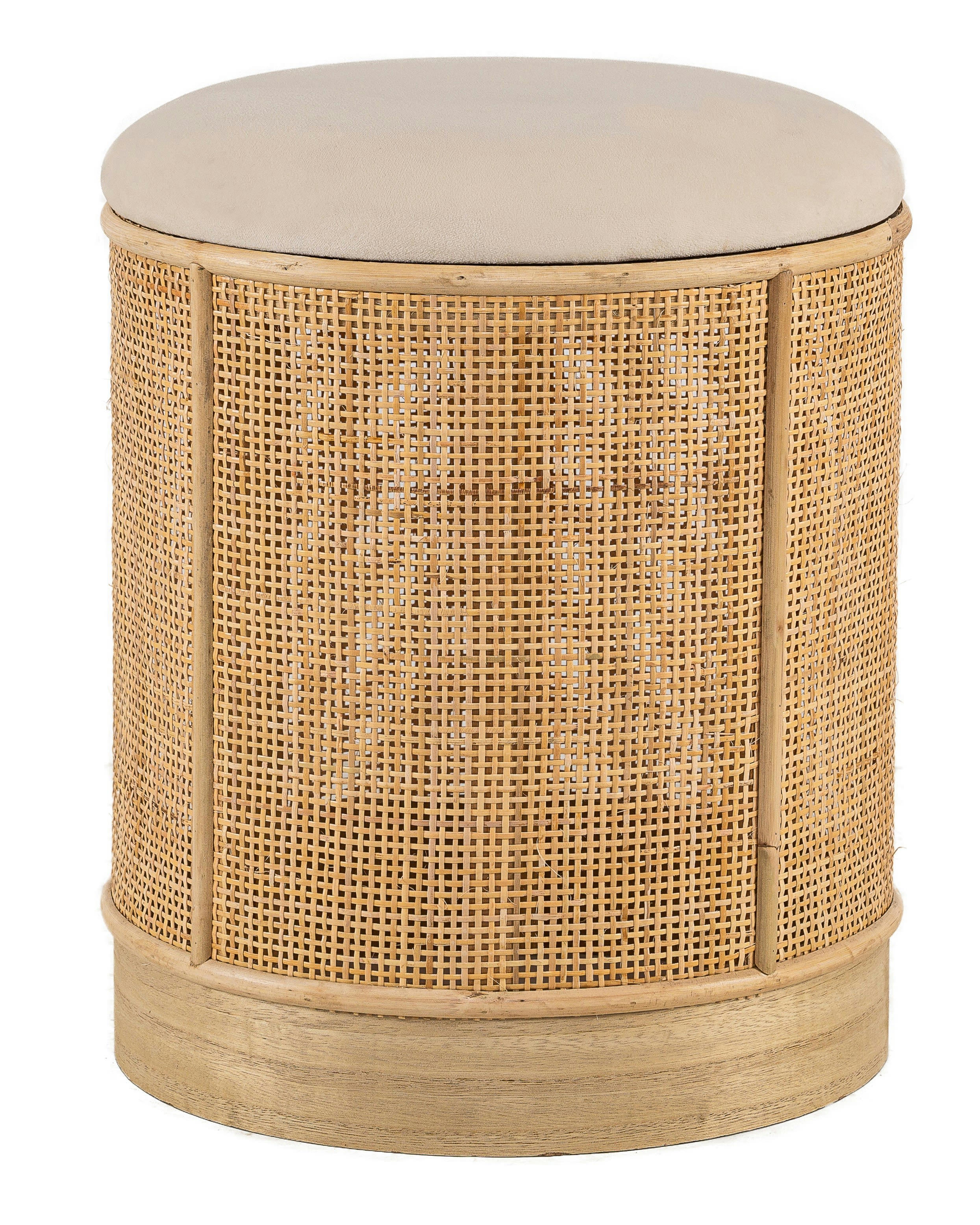 - Pouf en velours beige et rotin