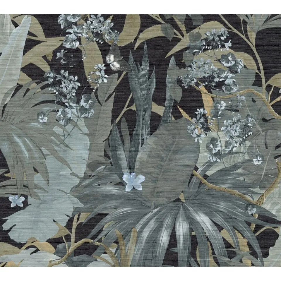 Livingwalls behang jungle-motief turquoise, zwart, blauw en groen