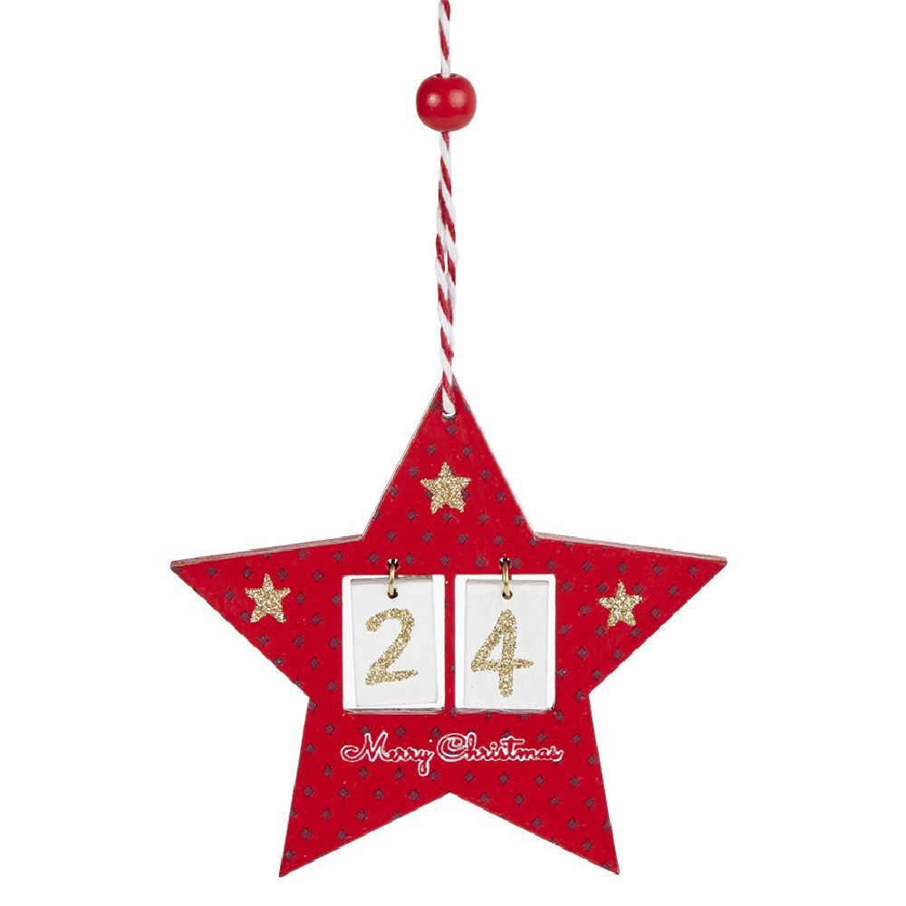 Déco étoile ou sapin rouge en bois à suspendre avec nombre 24 - 11x11cm