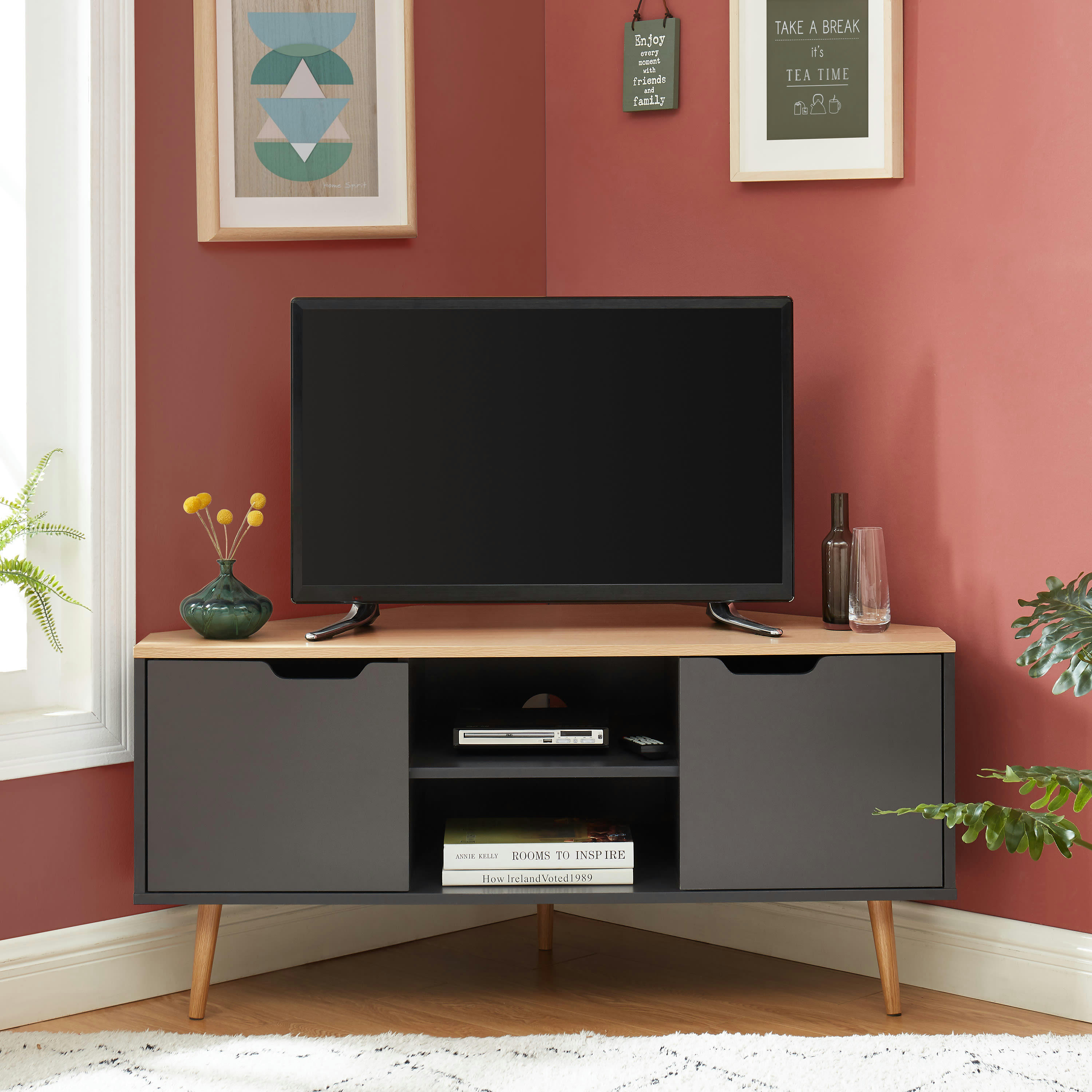 LYNA - Meuble tv d'angle   gris et effet chêne  2 portes 115cm noir et bois