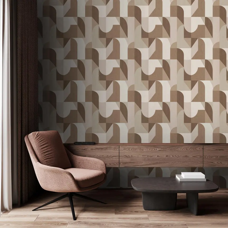 Origin Wallcoverings behang cirkels in Bauhaus stijl bruin en beige