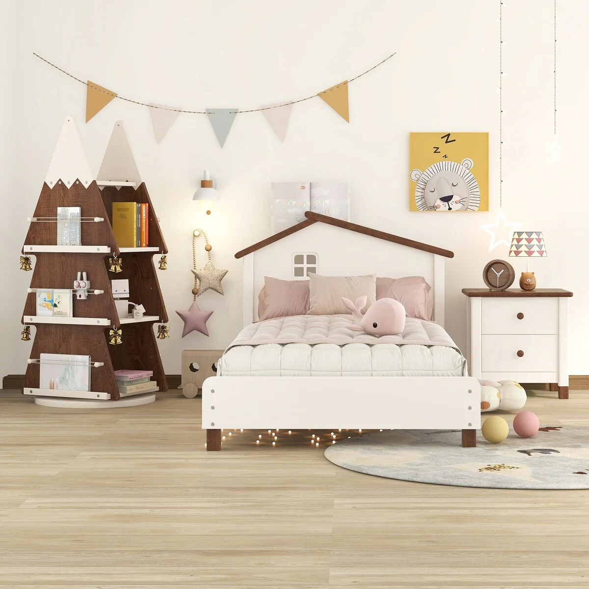 House Bed with Nightstand and Rotating Storage Shelf