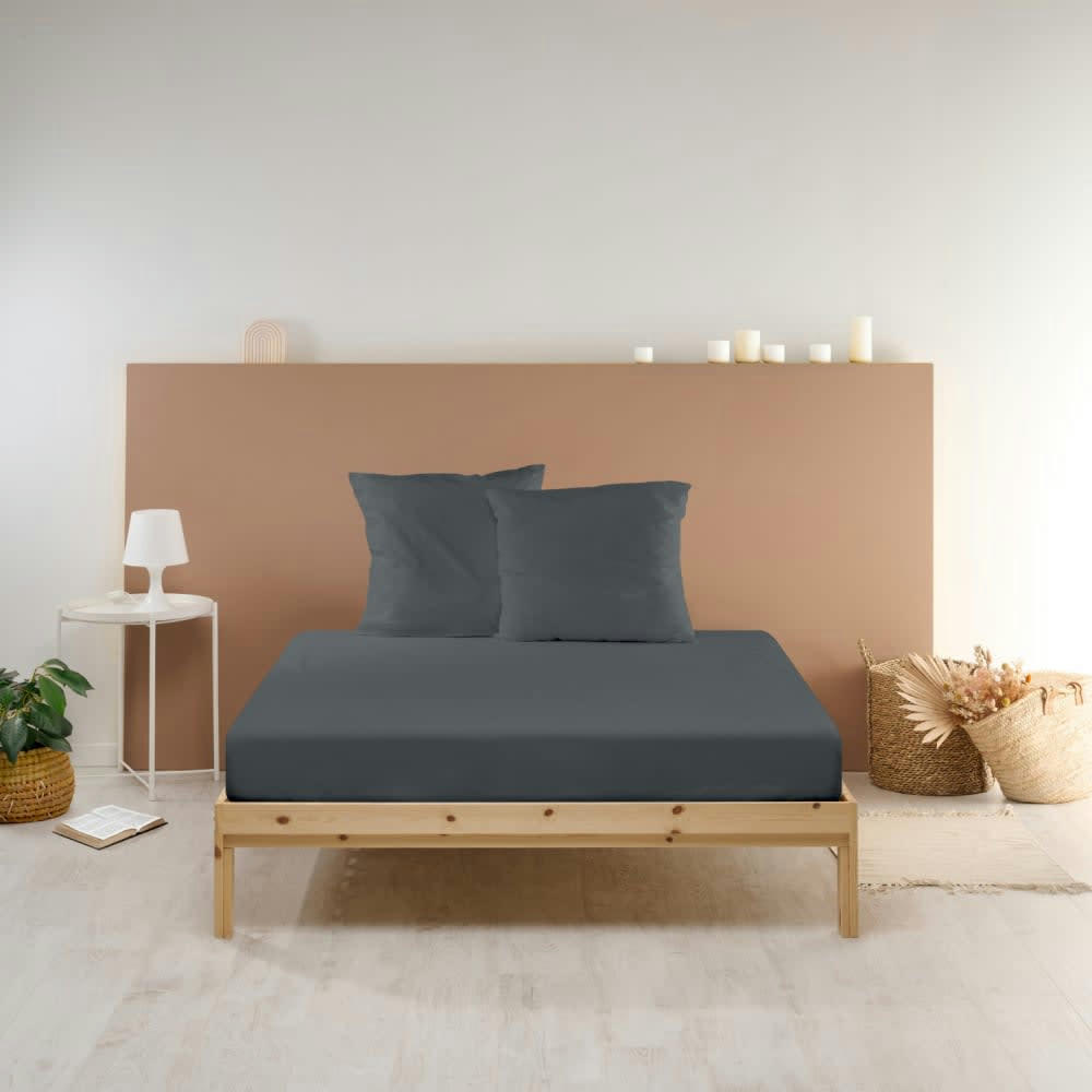 - Drap Housse uni en percale de coton anthracite 140x190cm