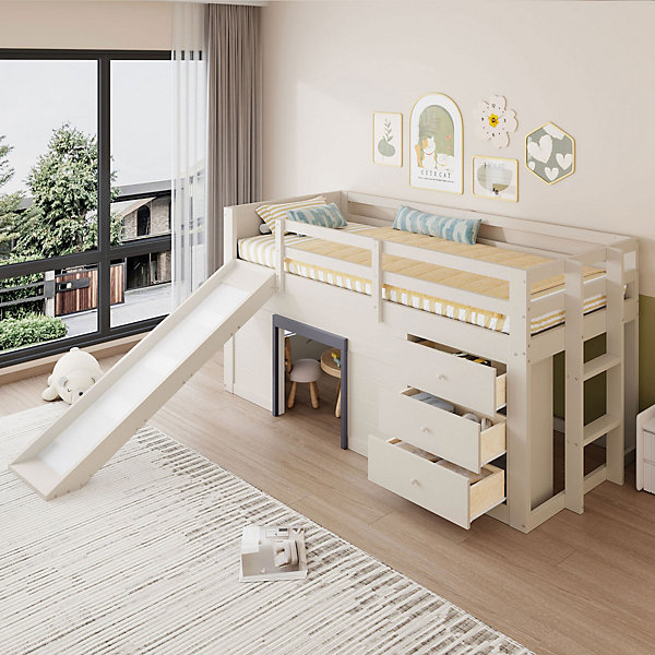 Lit mezzanine 90x200 cm - Lit avec rangement et toboggan - MDF et Pin - Sans matelas - Crème