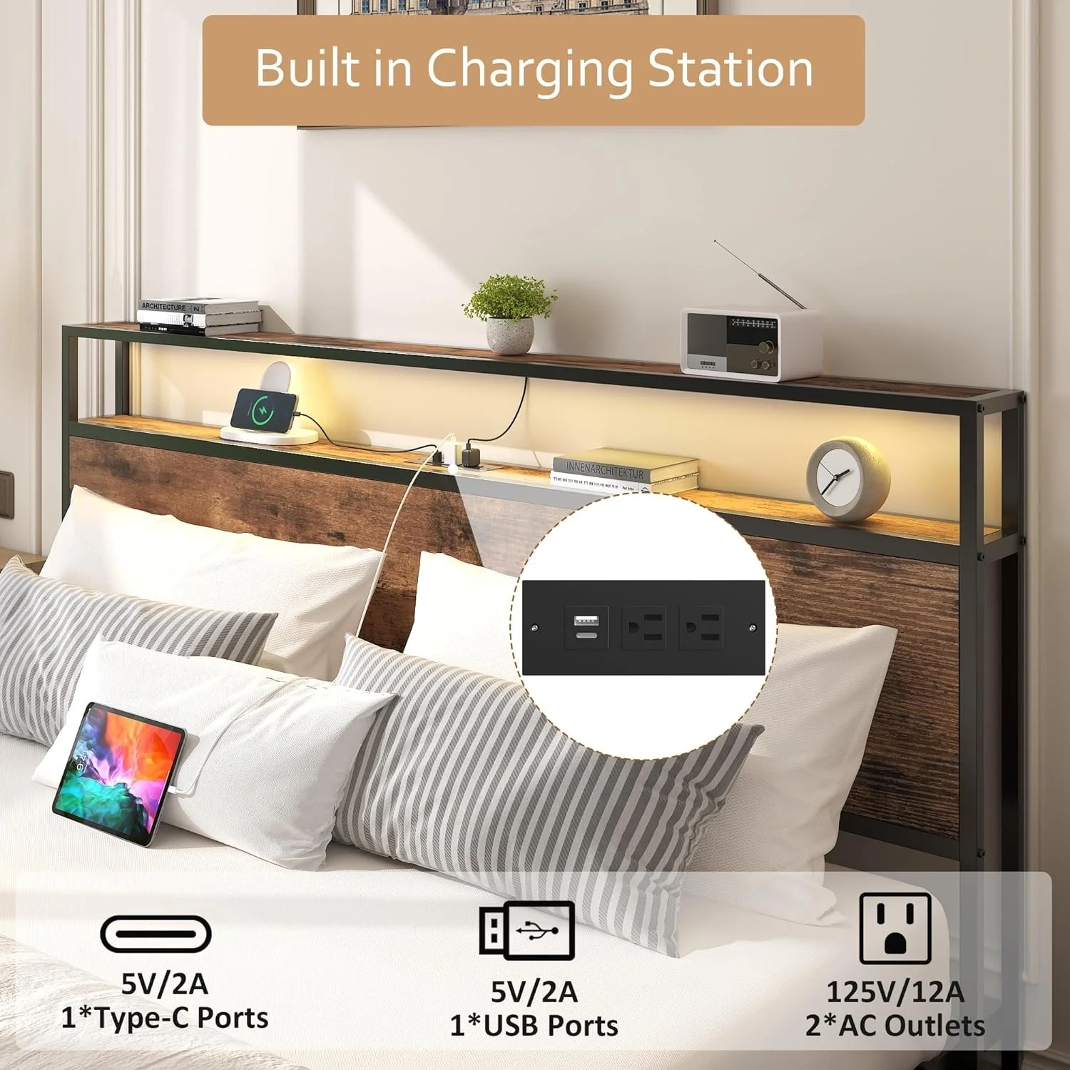 Lifezone Bed Frame with Storage Headboard, Metal Bed Frame with 4 Storage Drawers, Charging Station & LED, Vintage Brown