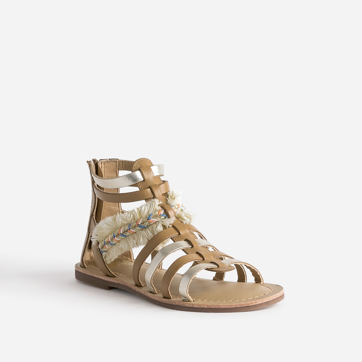 Sandale spartiate camel et doré en cuir avec galon frangé