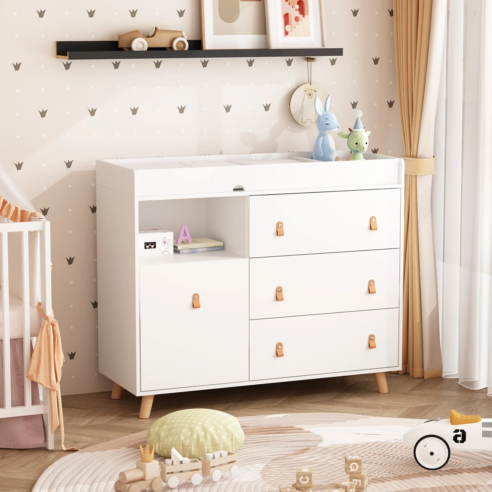 Baby Changing Table Dresser Nursery Dresser Chest White/Grey/Oak