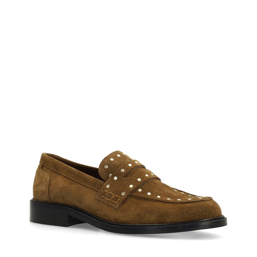 Manfield Bruine suède loafers met goudkleurige studs