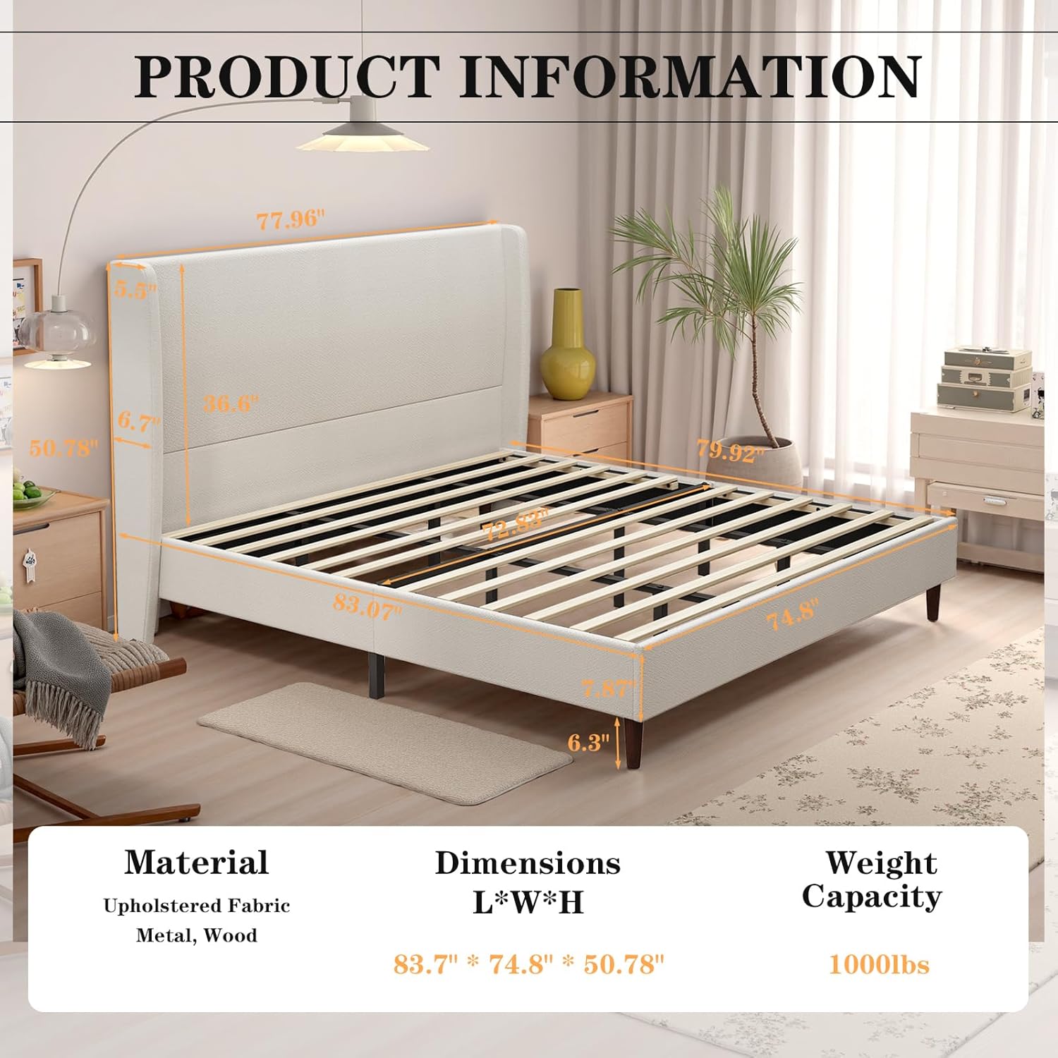 King Size Platform Bed Frame,Upholstered Bed Frame with Wing Side Headboard,Chenille Fabric,Strong Wooden Slat Support, No Box Spring Needed, Easy Assembly, Noise-Free,50.78 High,Light Beige