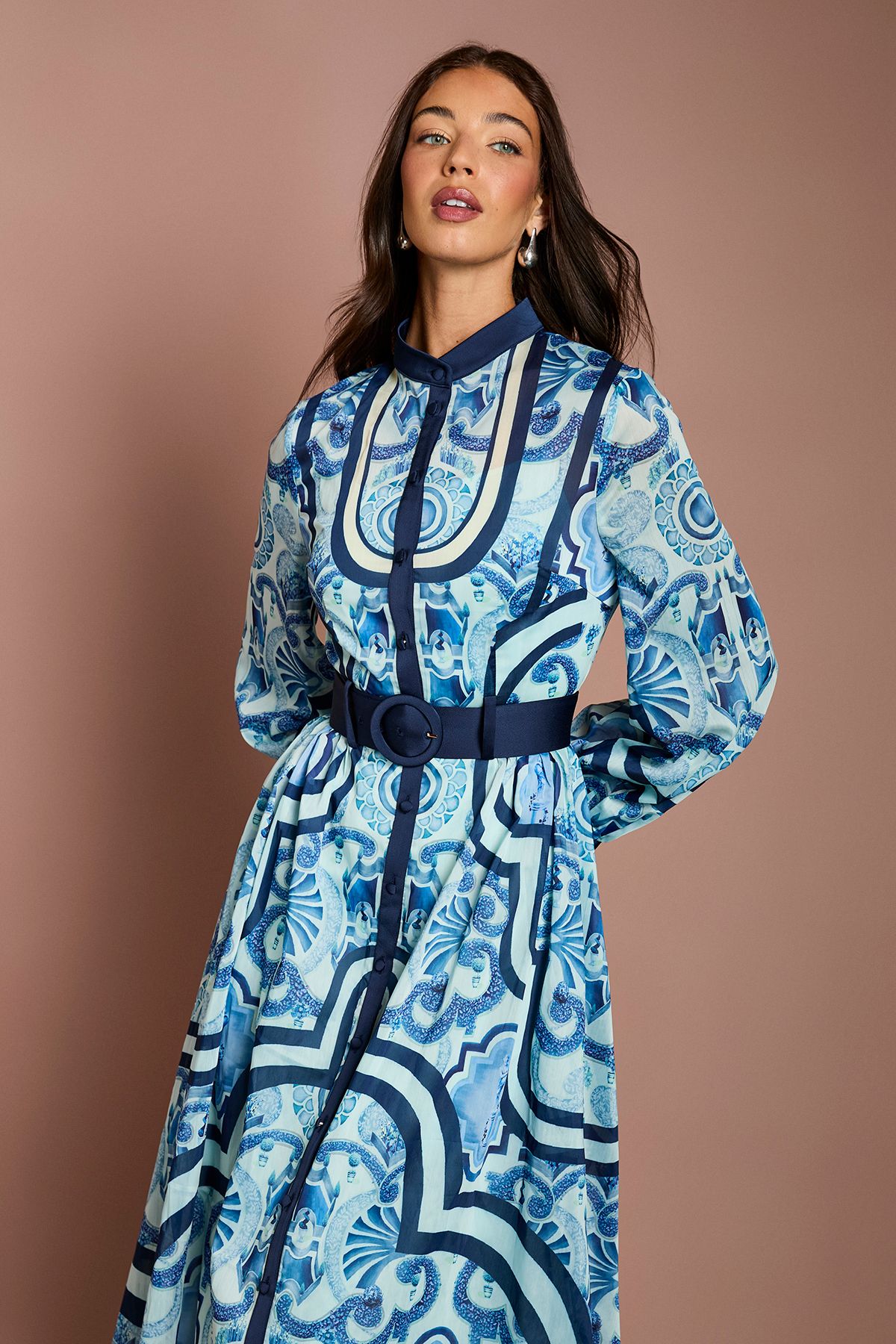 Coast Lisa Tan Organza Belted Shirt Dress