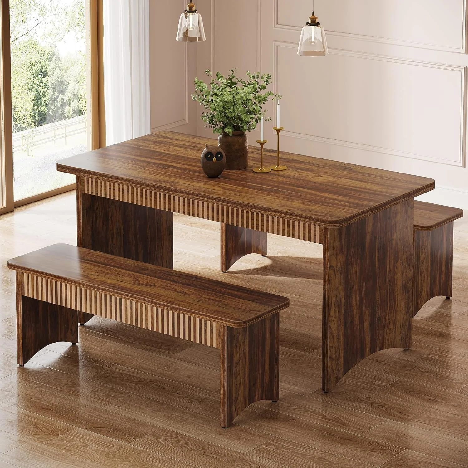 55 Inches Dining Room Table with 2 Benches for 4-6 Peoplefor Kitchen, Dining Room