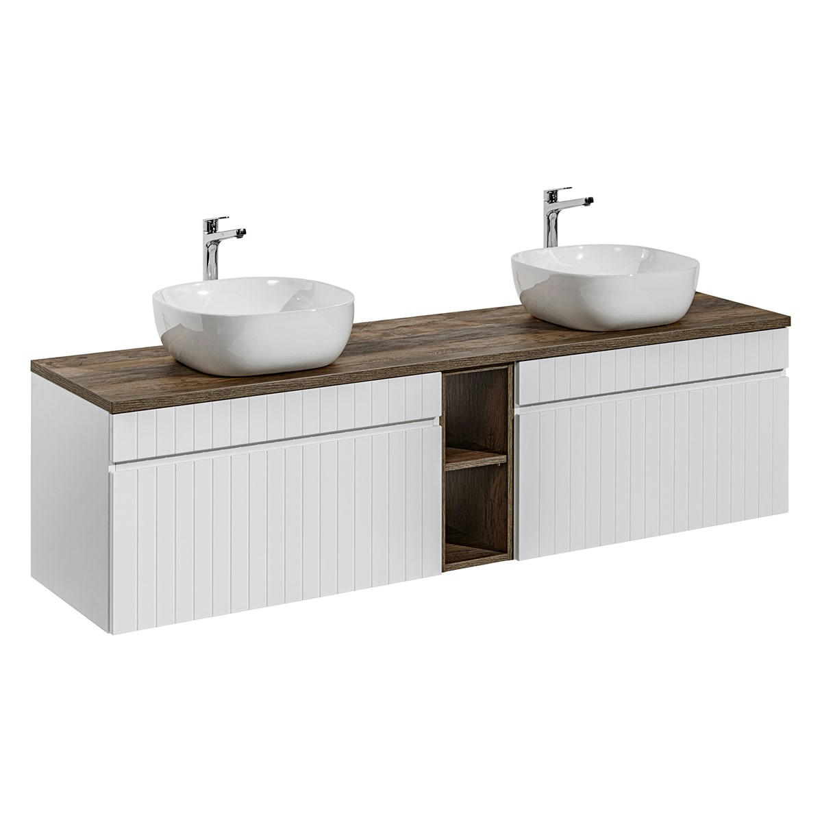 - Meuble double vasque 180cm 2 niches blanc et naturel