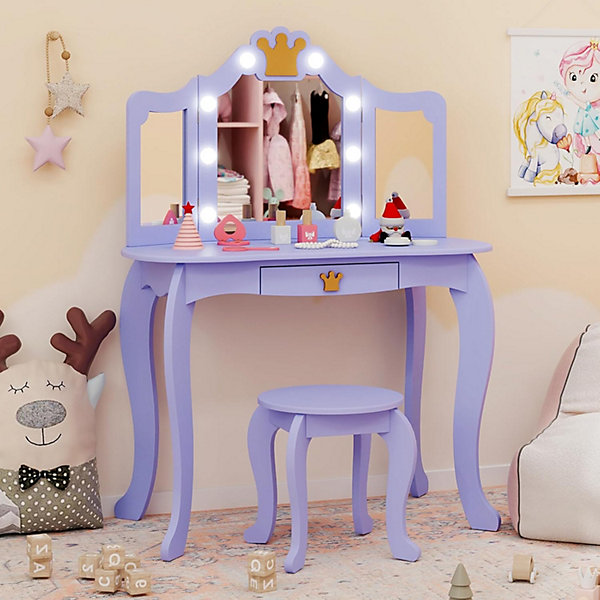 Coiffeuse Enfant Fille avec Miroir LED 3 Couleurs, Table de Maquillage avec Tabouret, Miroir à 3 Volets, Accessoires, Violet