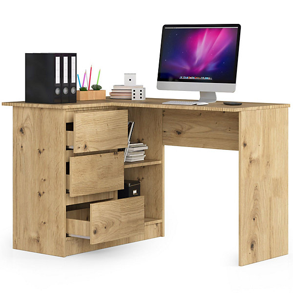 Bureau AKORD d'angle gauche B16 Chêne Artisan 124 cm 3 tiroirs façade Chêne Artisan 2 étagères 124x85x77 cm