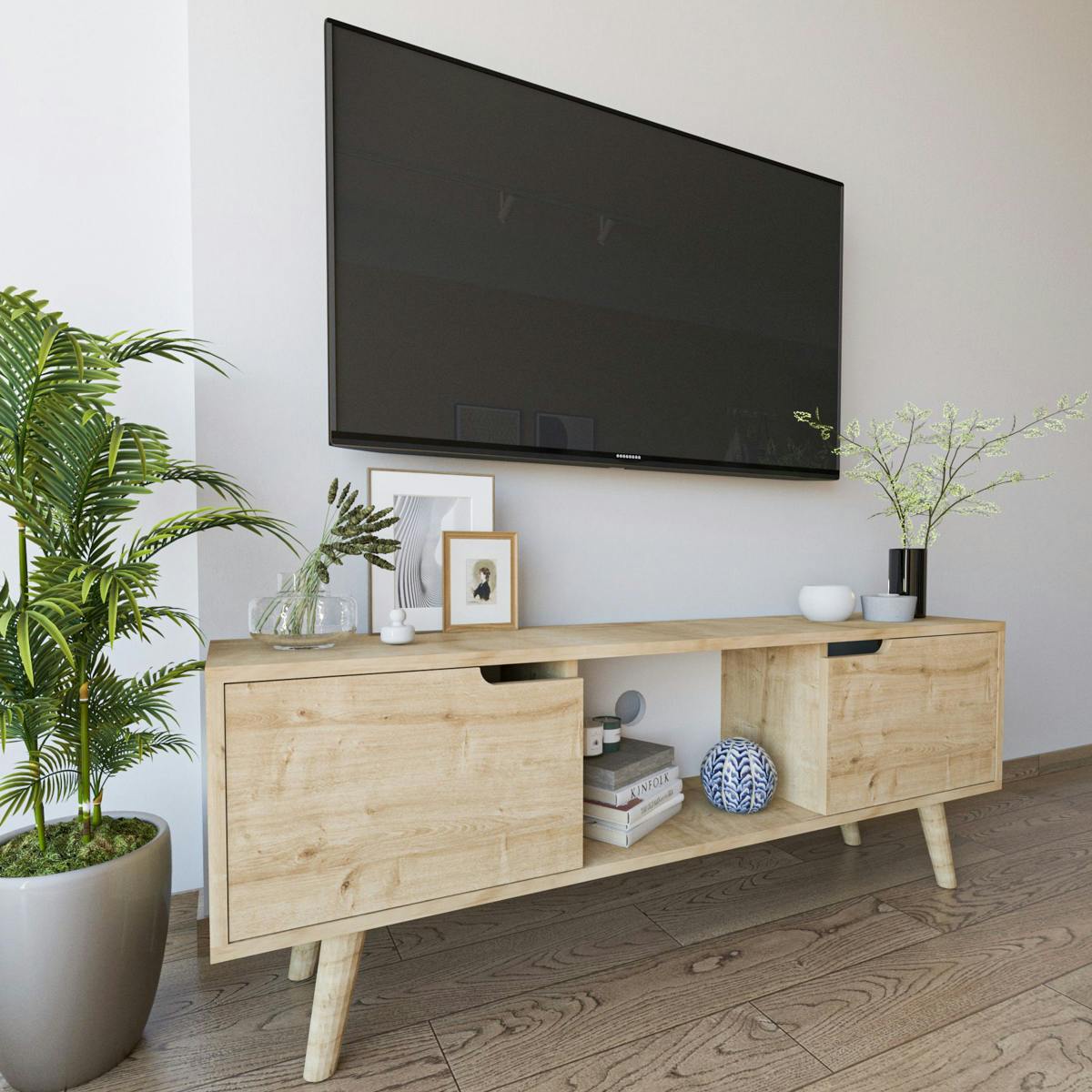 Petit meuble TV 2 portes effet bois clair poignées intégrées MARFA