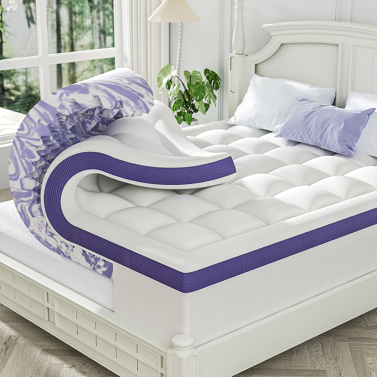 ChiXpace Dual Layer 4 Inch Memory Foam Mattress Topper Queen - 2 Inch Gel Memory Foam and 2 Inch Pillow Top Mattress Pad, 7-Zone Egg Crate Queen Size Mattress Topper (White)