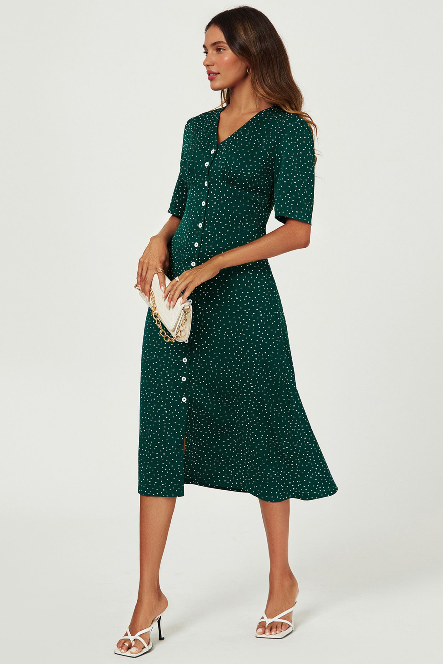 FS Collection Dot Print Button Front Midi Dress