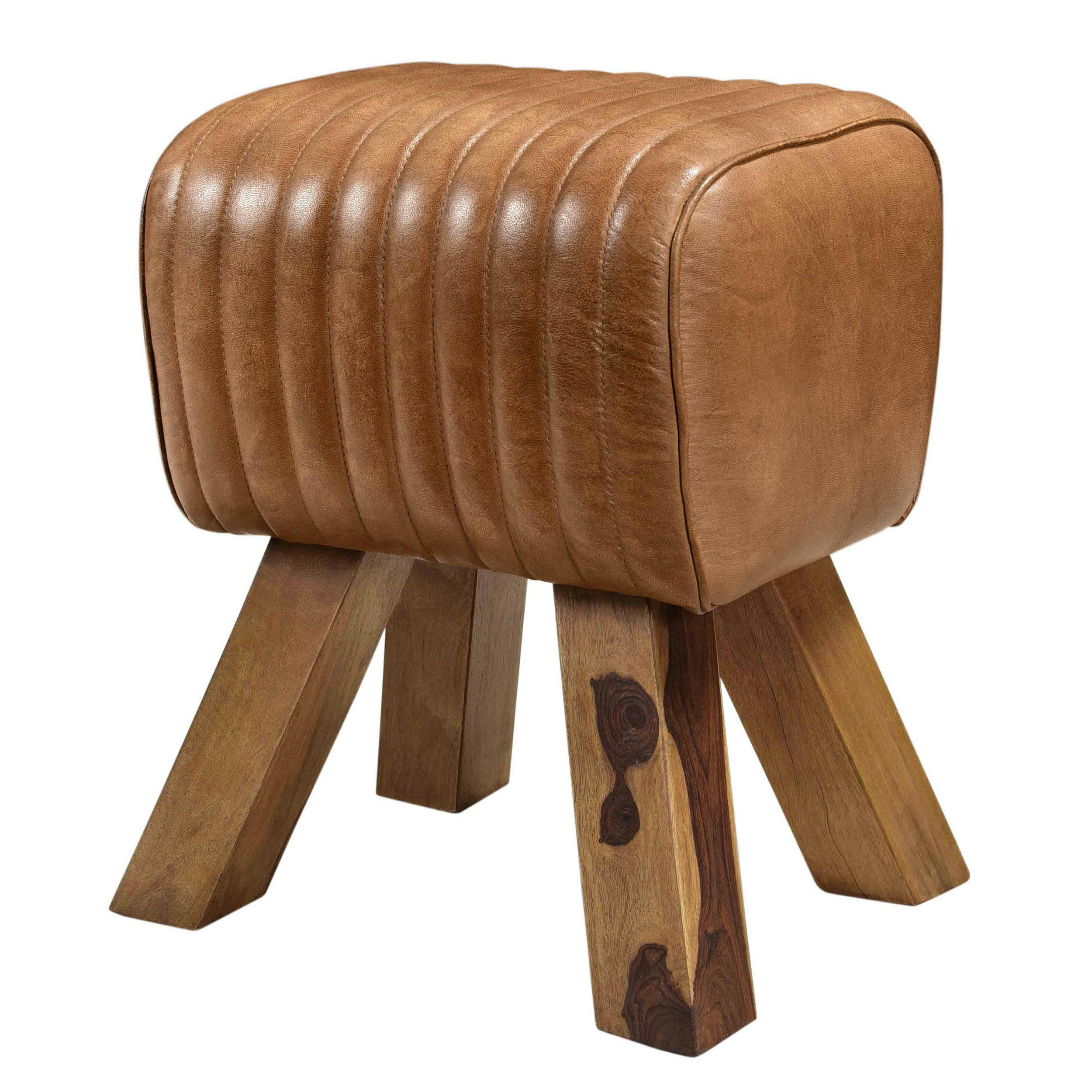 MORENA - Tabouret en cuir marron et bois de manguier