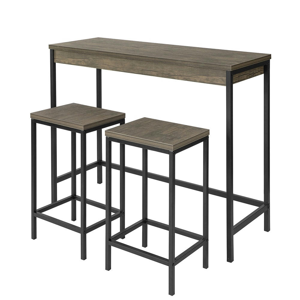 - Ensemble table de bar + 2 Tabourets effet bois et métal noir