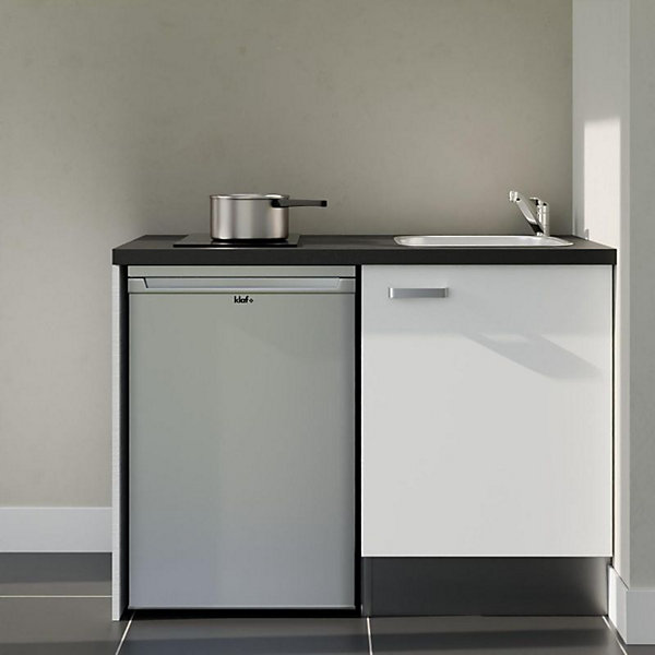 Kitchenette K08 façades Blanc - Plan de travail Noir texturé - Crédences : Non - Evier inox - Electroménager Inox inclus