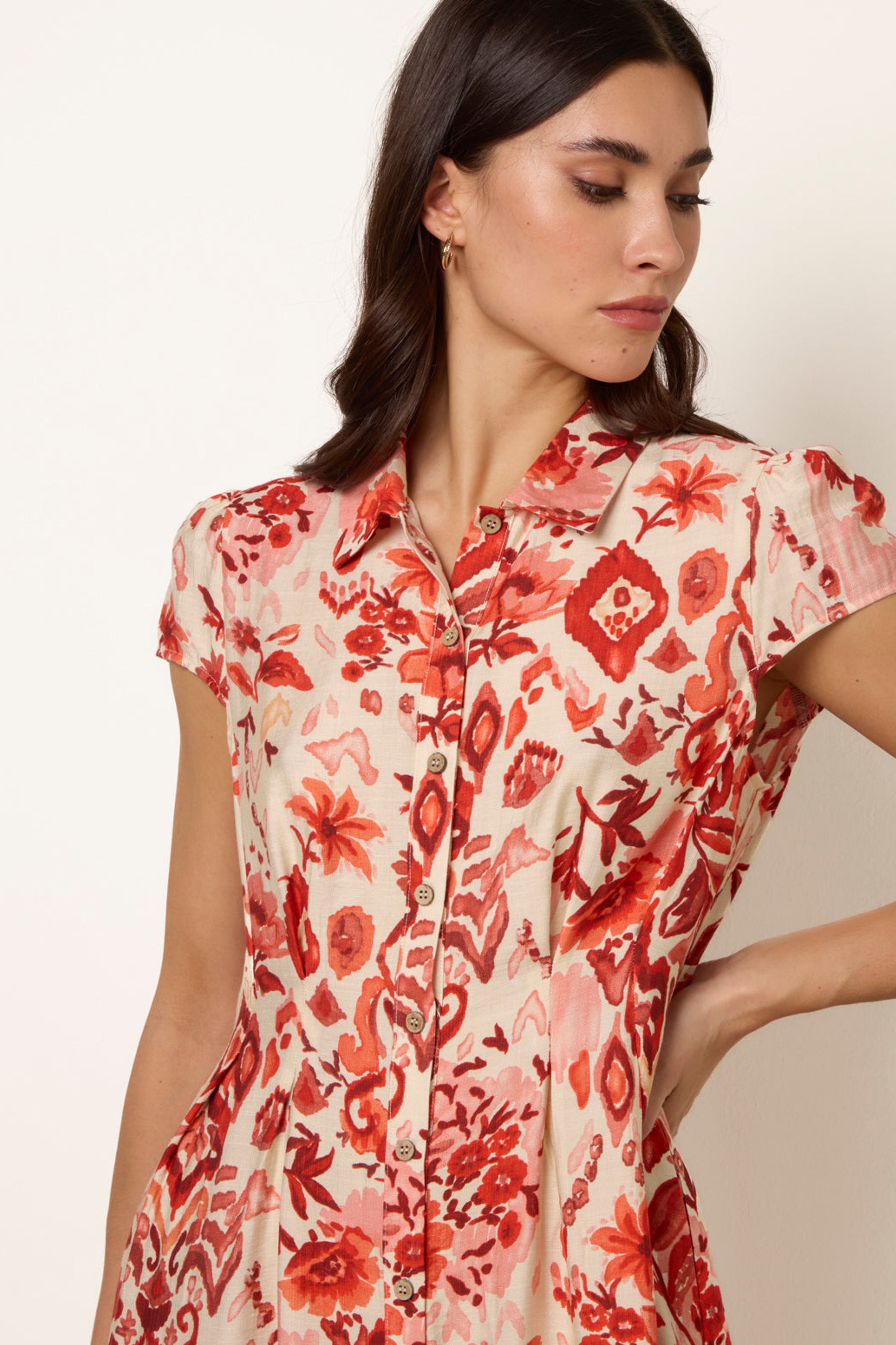 Blue Vanilla Orange Watercolour Floral Printed Button Front Shirt Dress