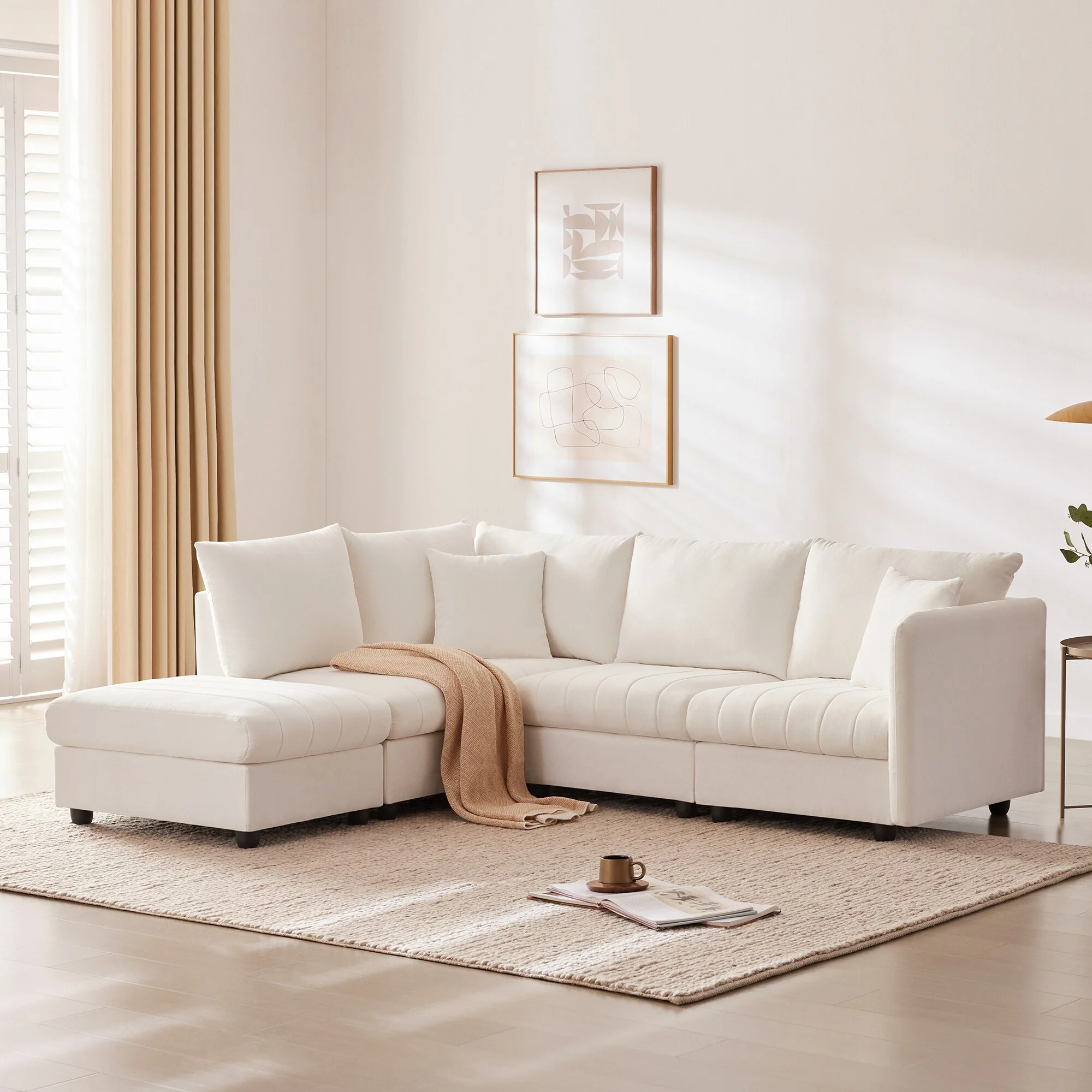 Modern L Shaped Sectional Sofa with Removable Ottoman and Vertical Stripe Cushions for Small Living Rooms or Apartments