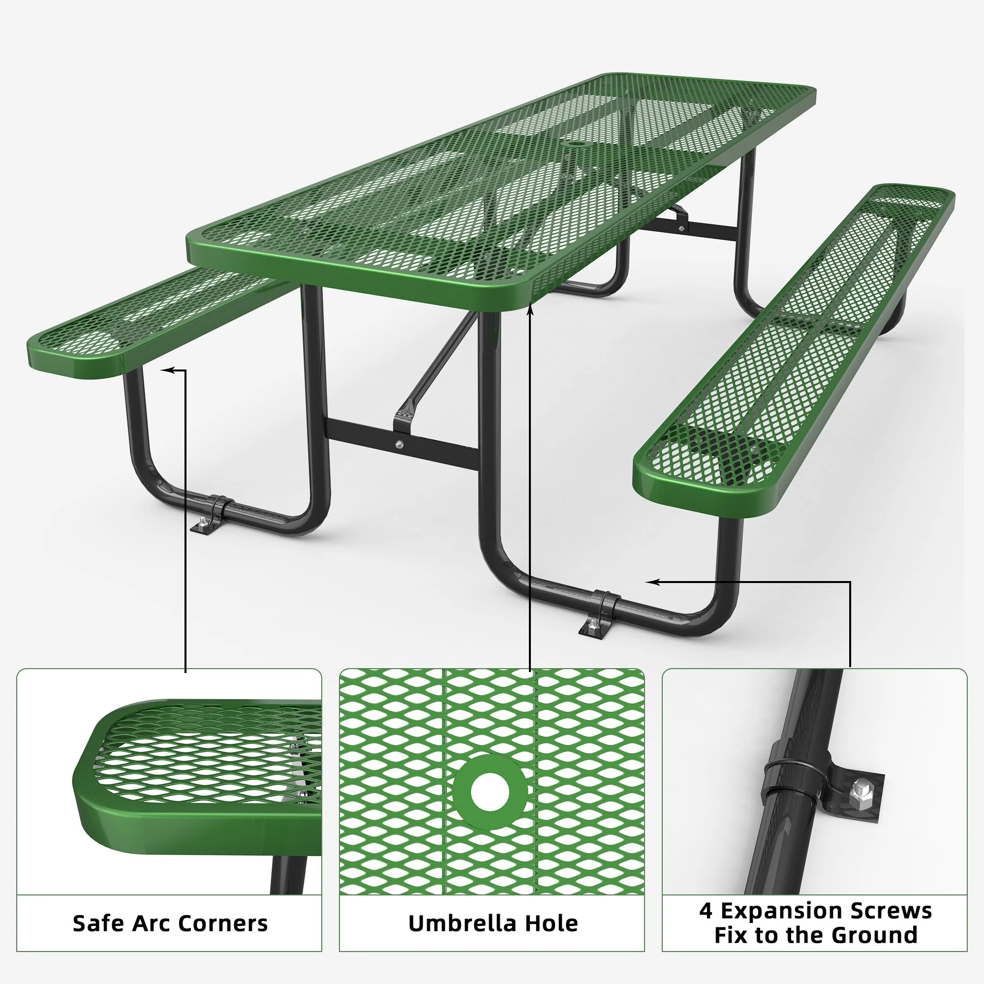 96 Expanded Metal Rectangular Picnic Table Set, Green
