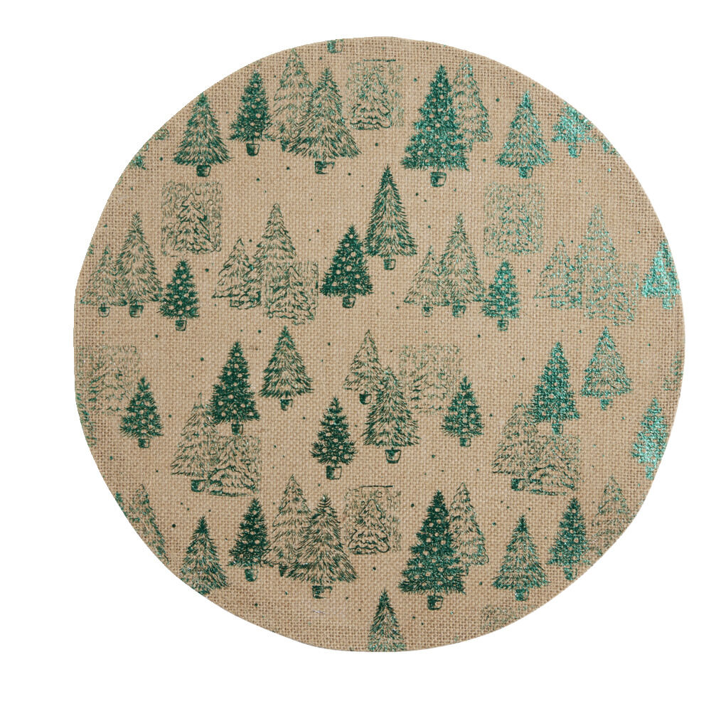Set de table rond en jute naturel motifs sapins verts Ø38cm