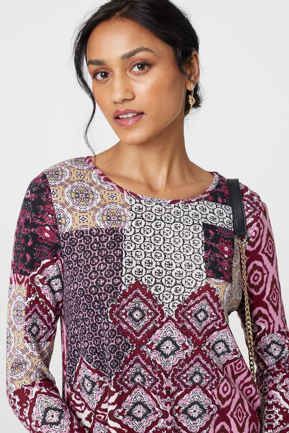 Izabel London Patchwork Long Sleeve Short Swing Dress