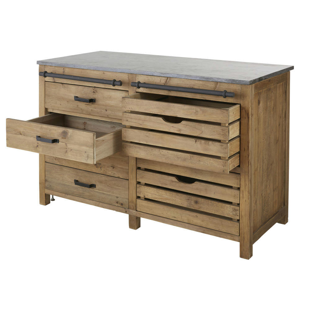 Aubagne - Meuble bas de cuisine 6 tiroirs en pin recyclé effet vieilli