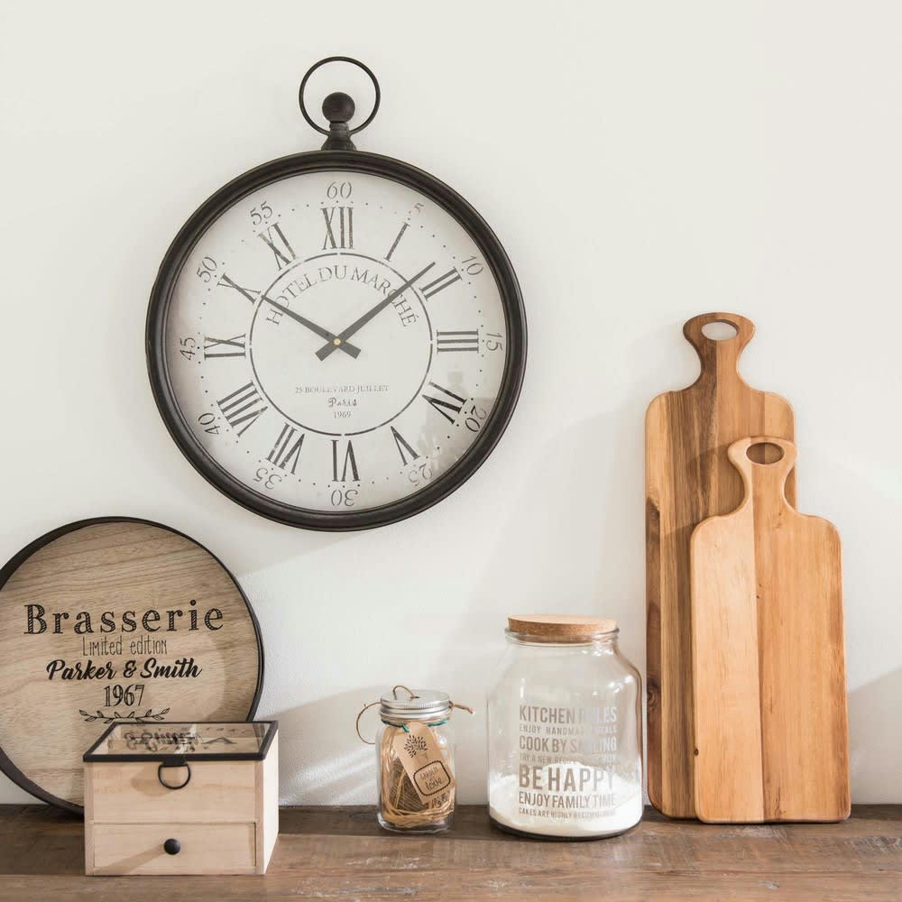 HOTEL DU MARCHE - Horloge murale gousset en métal noir 41x51