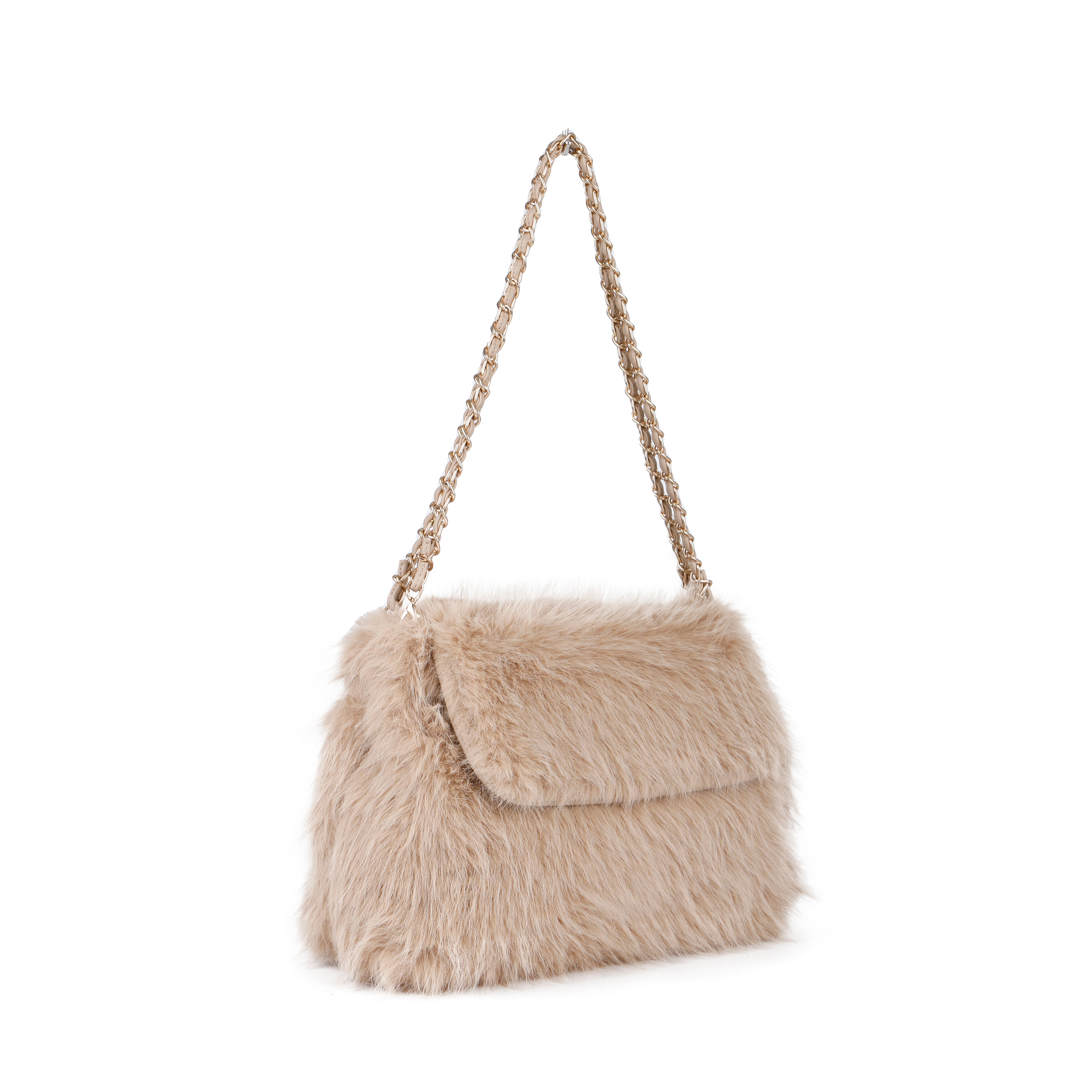 JFY Flap Faux Fur Two Chain Handles Zip Top Closure Shoulder Bag