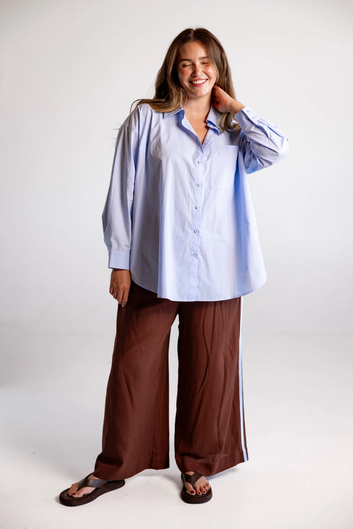 Side Stripe Linen Blend Pants in Dark Chocolate & Baby Blue