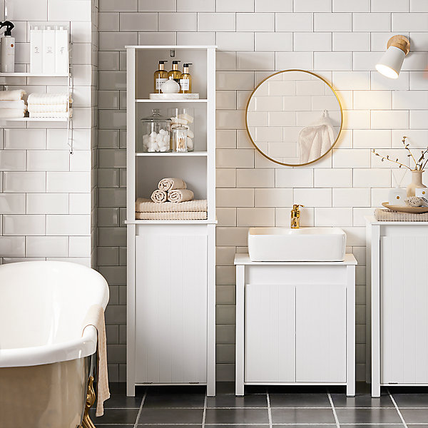 Meuble Colonne de Salle de Bain, 3 étagères, 1 Panier à Linge Amovible, BZR102-W, SoBuy