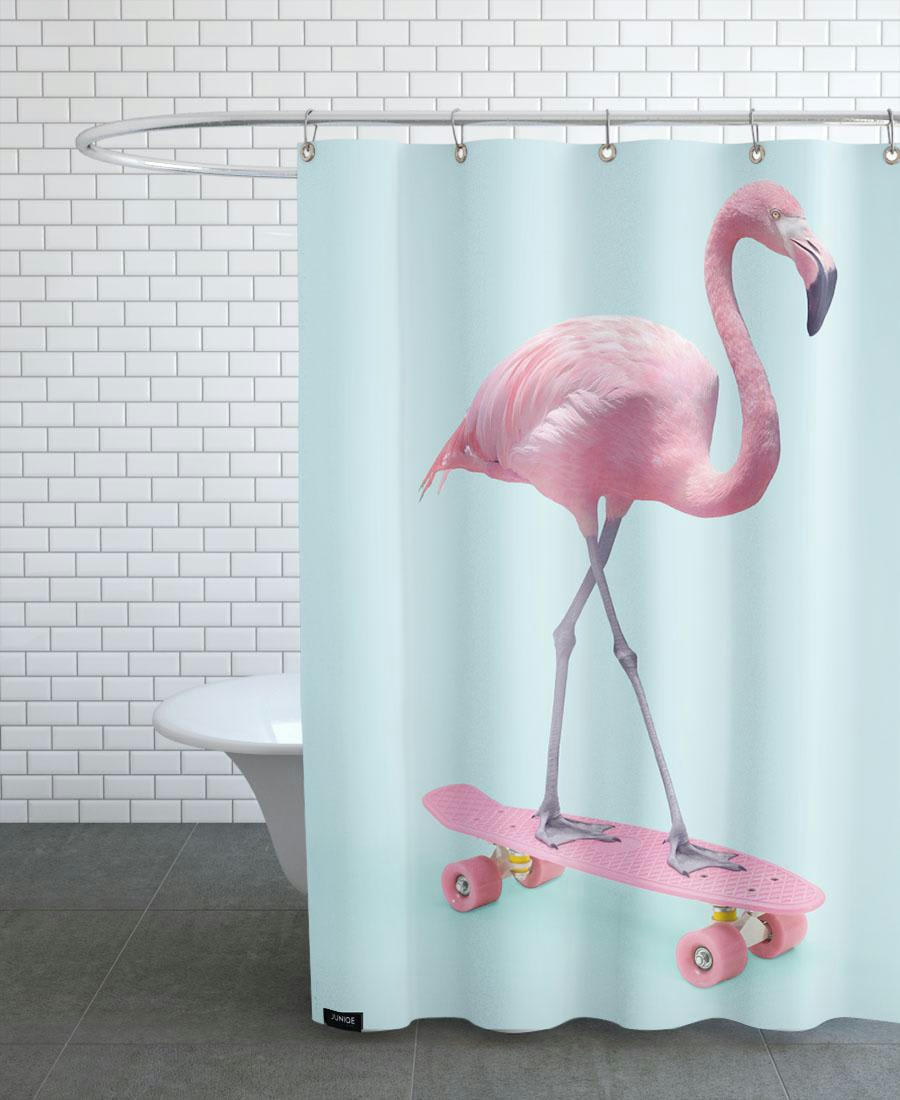 SKATE FLAMINGO - Rideau de douche en polyester en bleu & rose 150x200