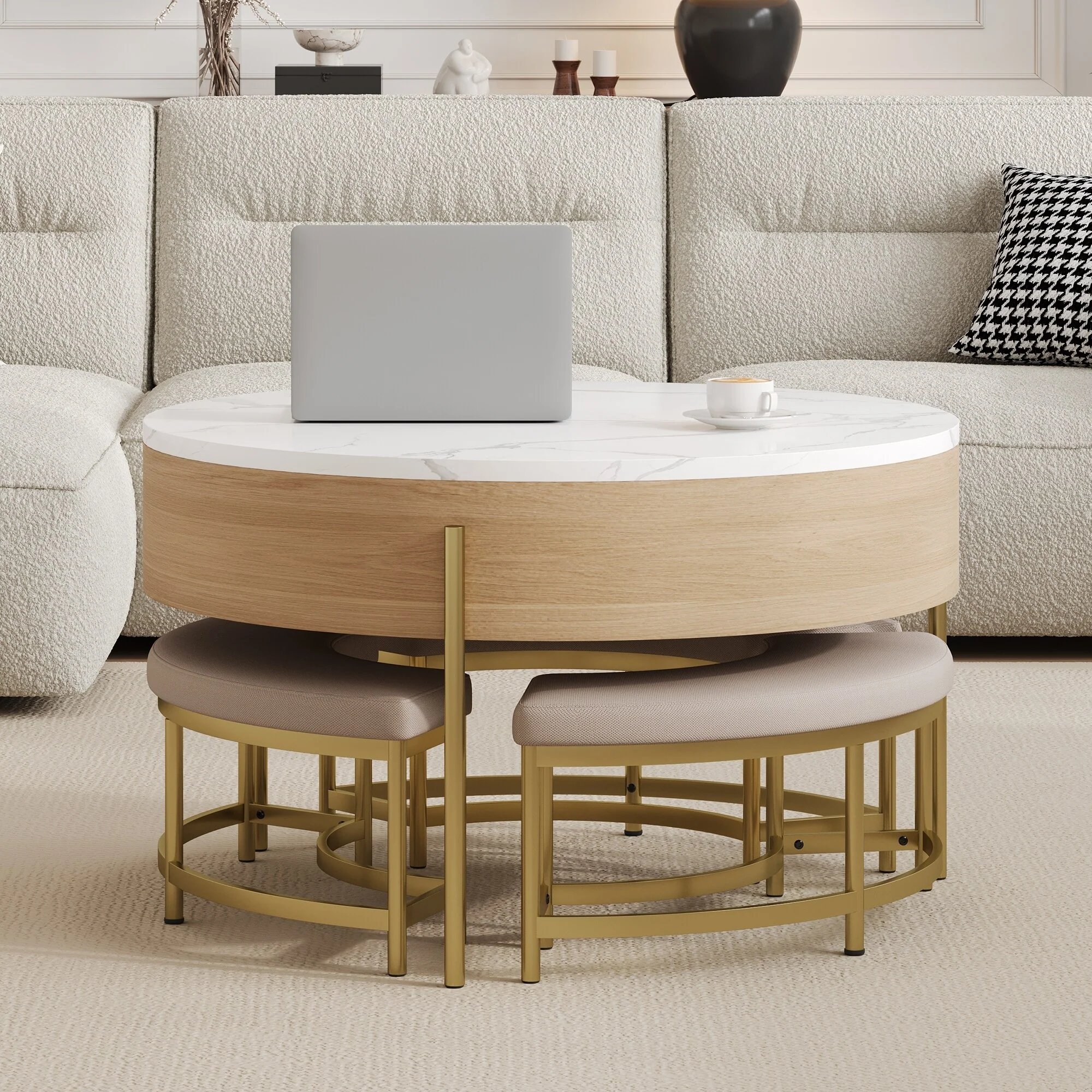 Modern Round Lift-Top Coffee Table with Storage & 3 Ottoman White & Natural