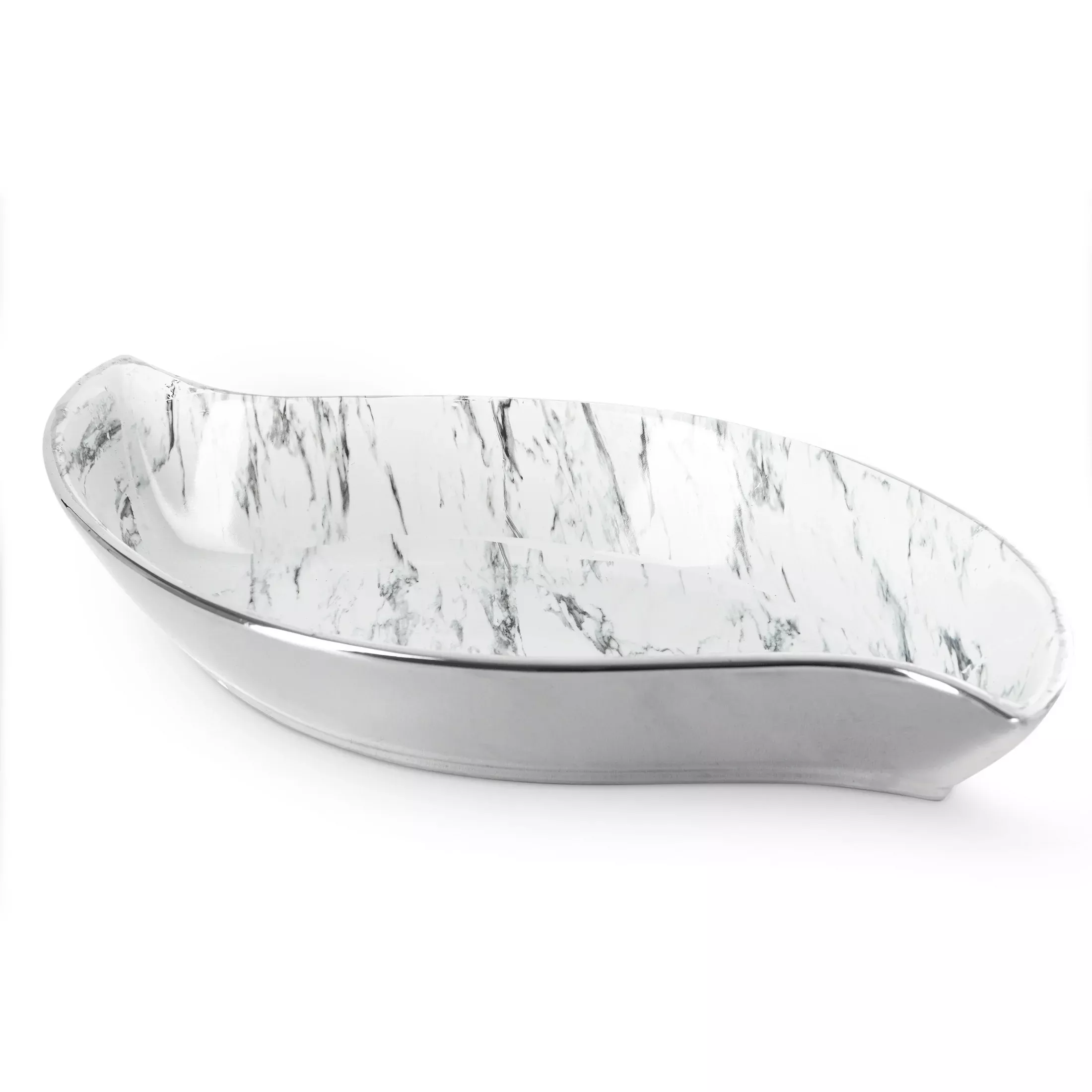 Patera ceramiczna dekoracyjna biało-srebrnaw kształcie łódkiz marmurkowym wzorem 36x19x6 cm
