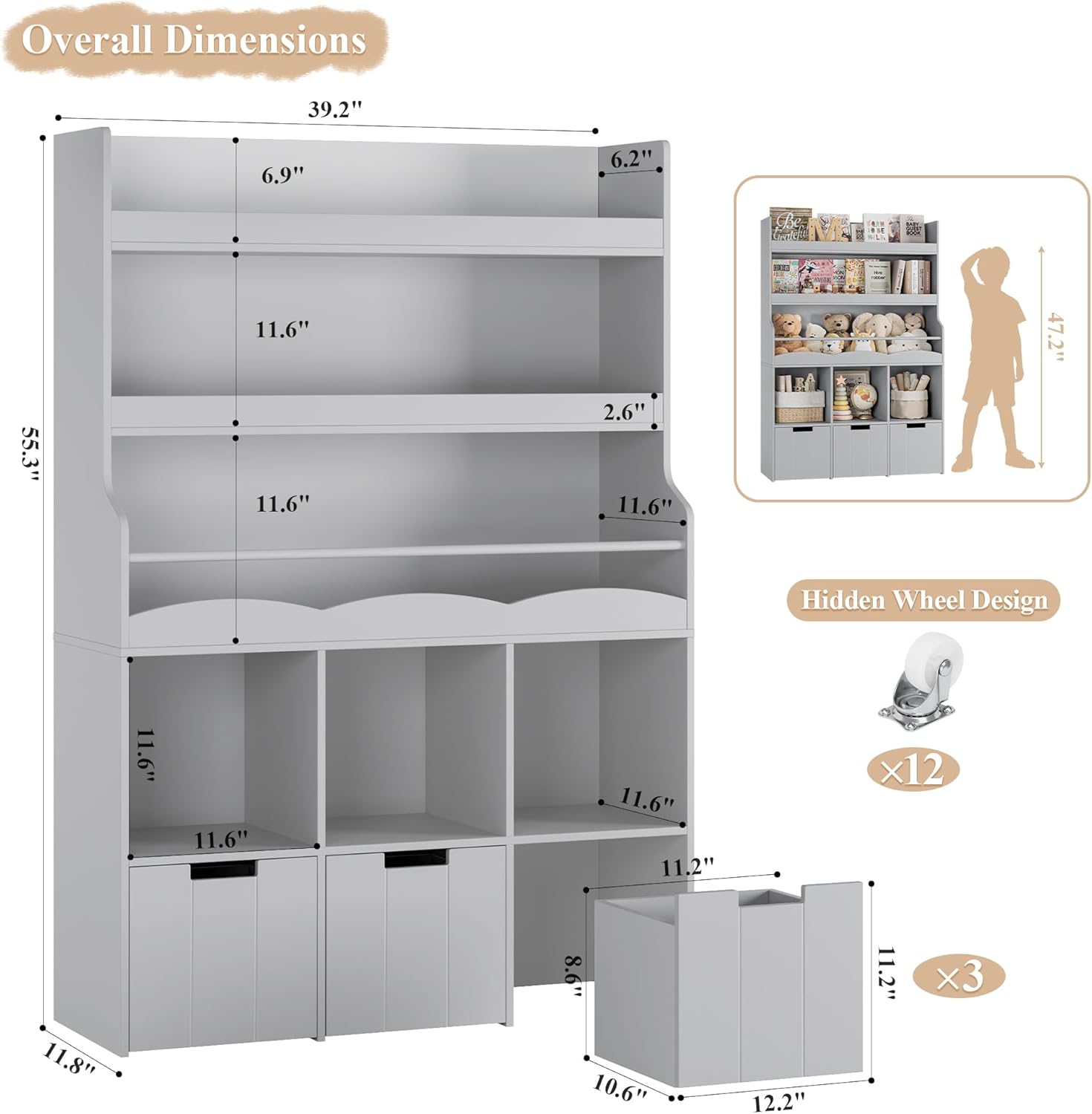 HITHOS 55.3 H Kids Bookshelf with Toy Storage Organizer, Tall Book Shelf with 3 Movable Toy Storage Bins, Large Kids Bookcase with Toy Chest, 39.2 W Modern Toys Box for Kid Room, Playroom, Gray