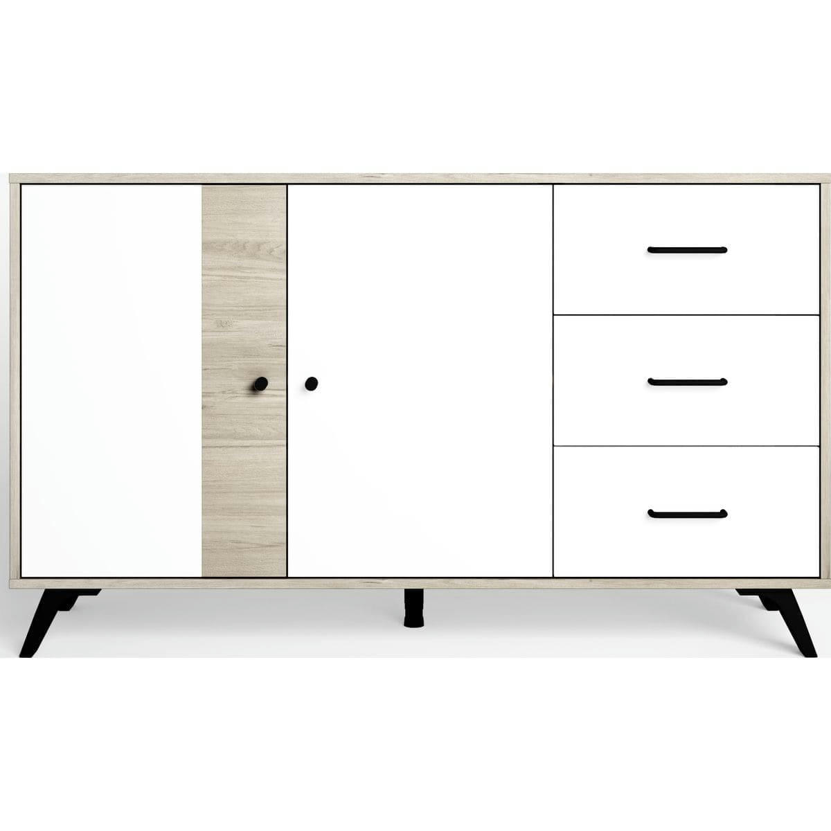 ARIZONA - Buffet 2 portes 3 tiroirs blanc et effet bois 136 cm