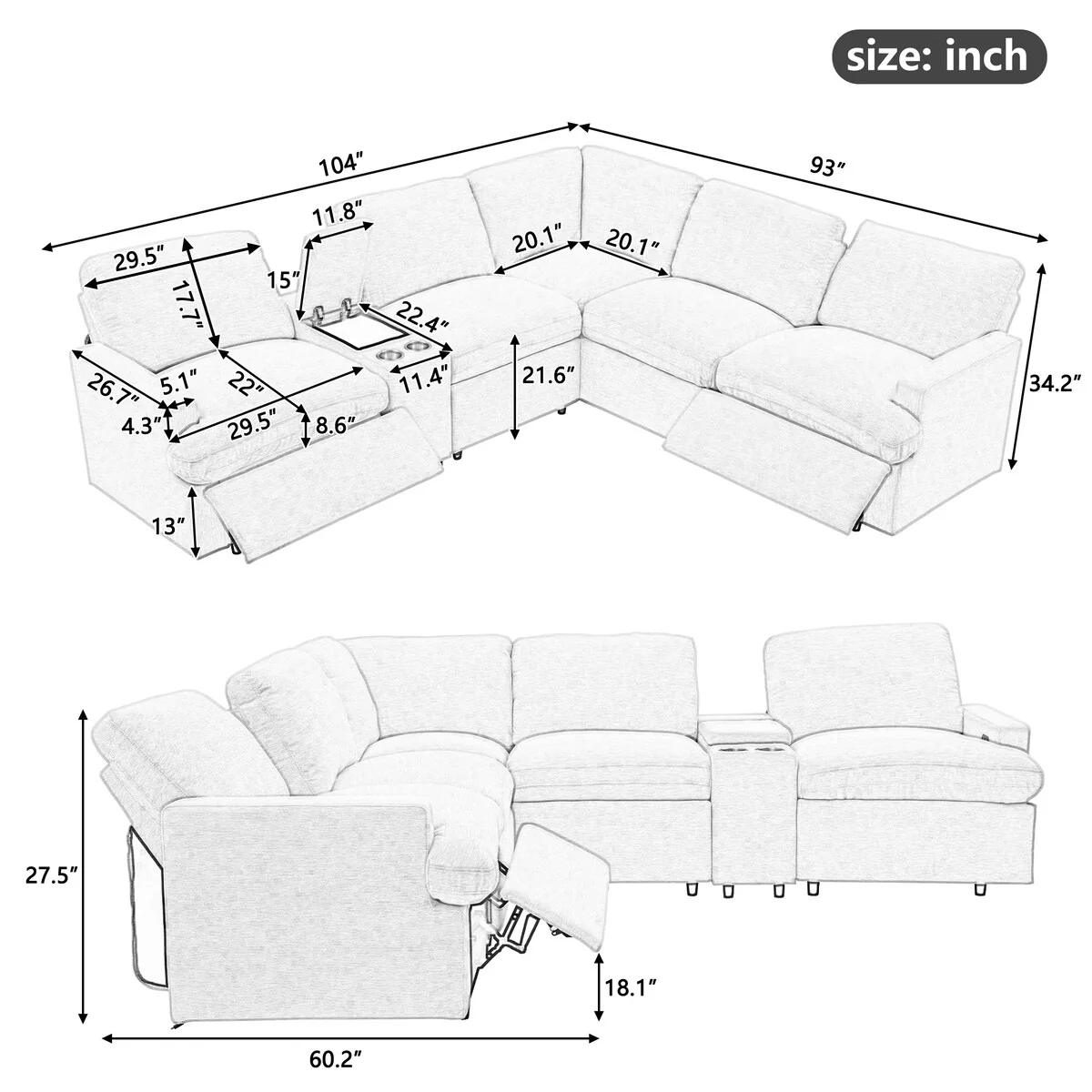 104'' Power Recliner Corner Sectional Sofa Home Theater Reclining Sofa with Storage Box, Cup Holders, USB Ports and Power Socket
