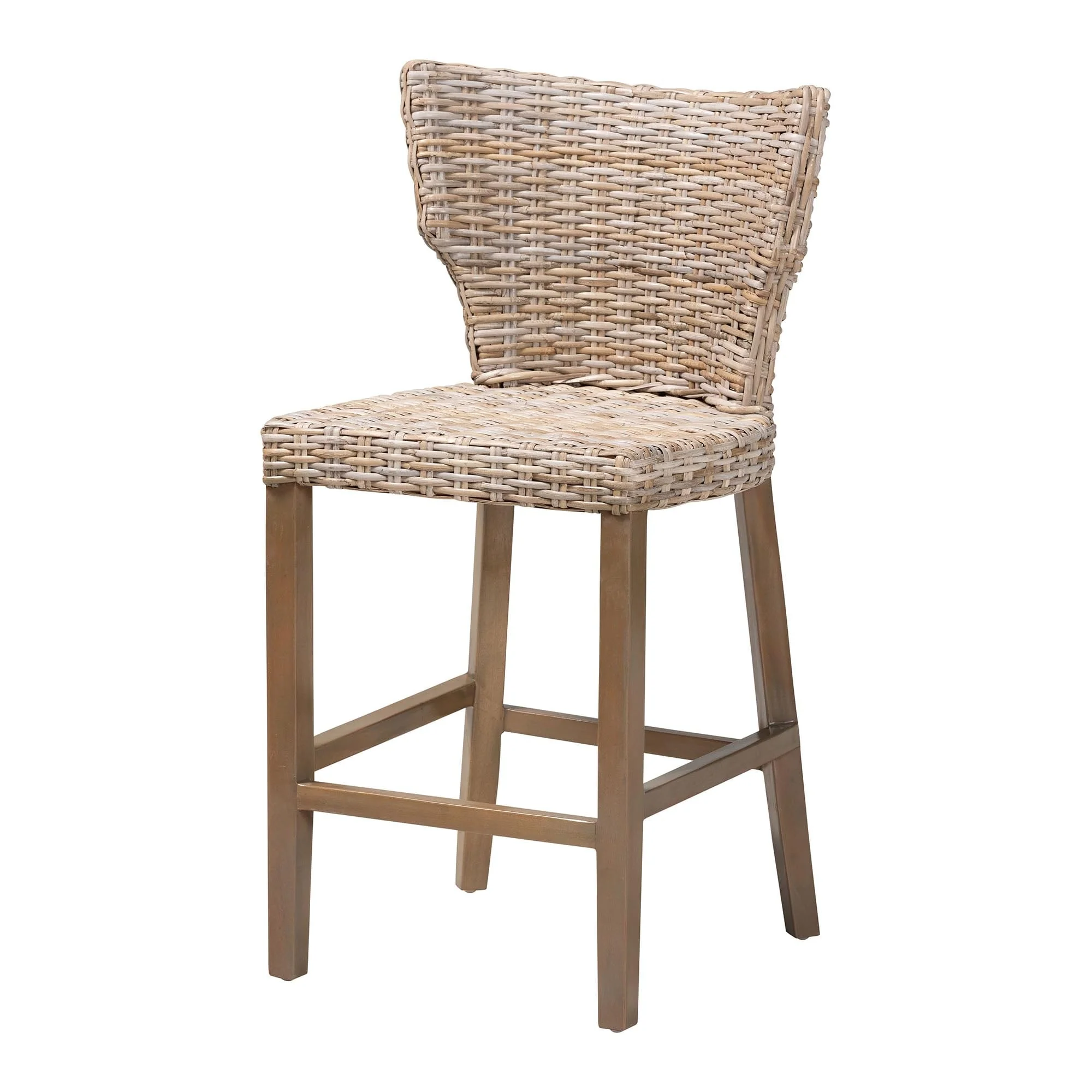 Enver Modern Bohemian Grey Kubu Rattan and Mahogany Wood Counter Stool