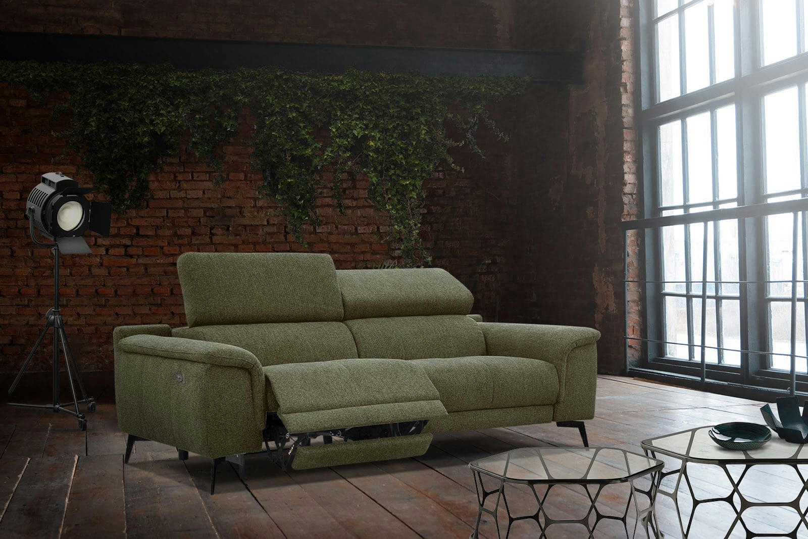 FIERO - Canapé droit 3 places XXL avec relax électrique côté gauche tissu vert