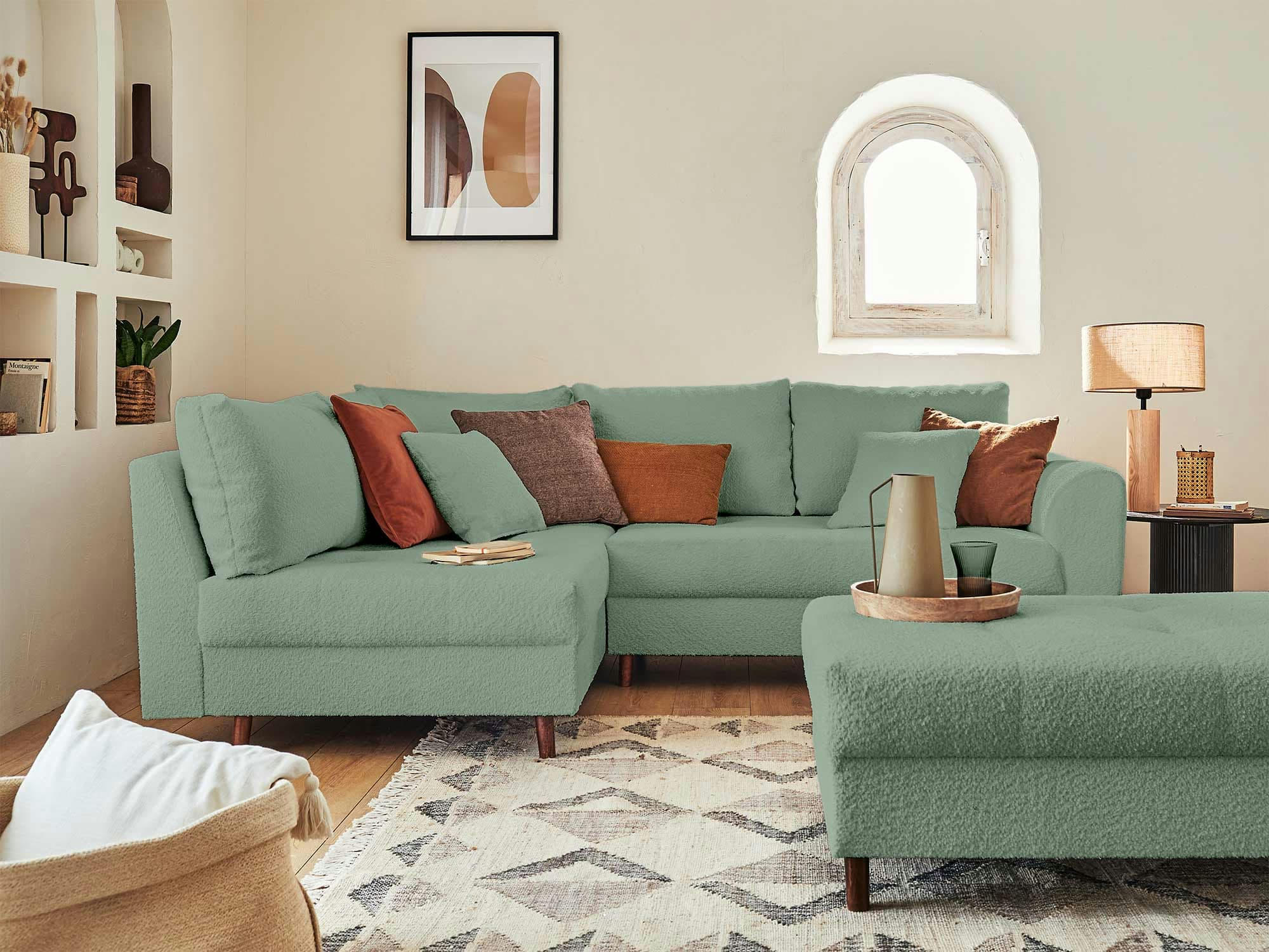 RUNE - Canapé d'angle gauche convertible 4 places en tissu bouclette vert