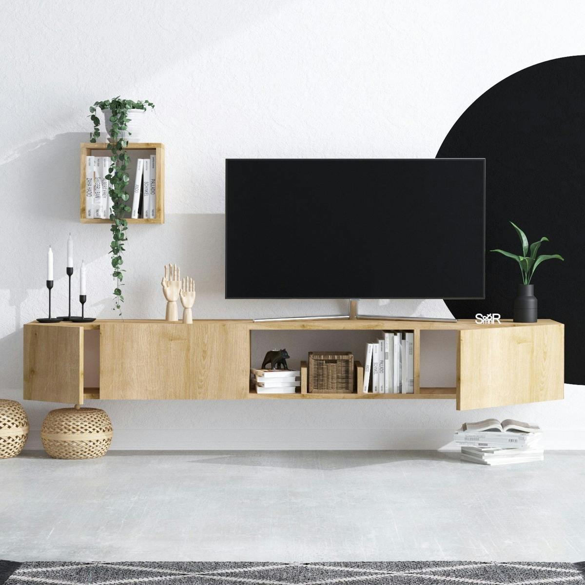 Meuble TV suspendu scandinave et étagère cube assortie MARFA