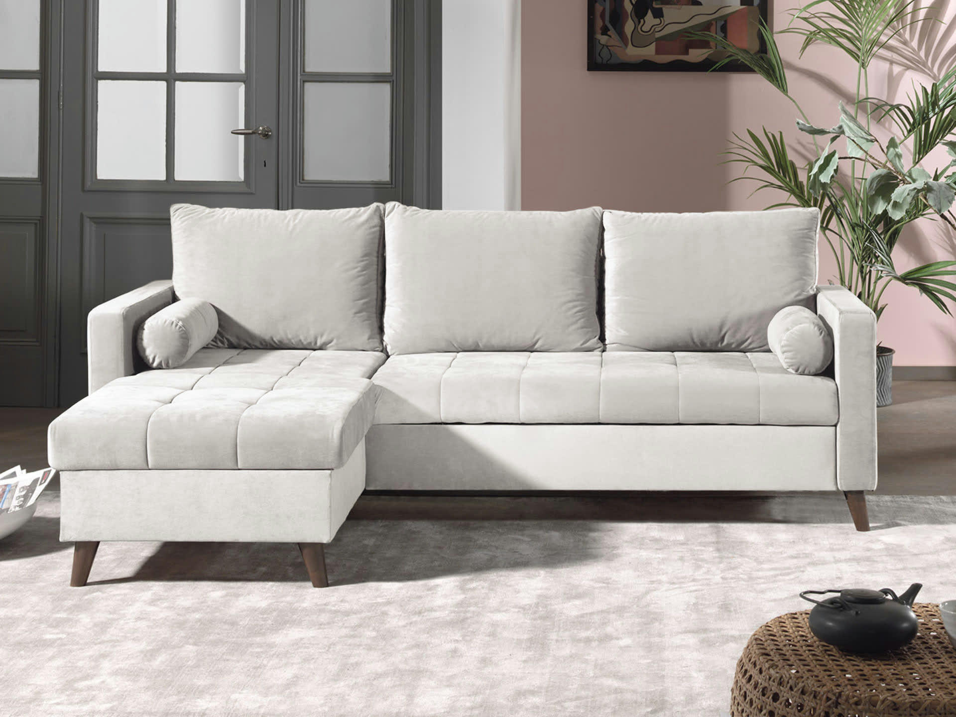 POLAR - Canapé d'angle réversible convertible 4 places en velours beige