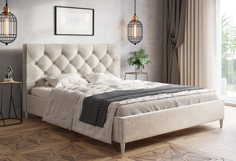 Łóżko jednoosobowe 120x200 LUXO 6 tapicerowane, pikowane, guziki- beżowe