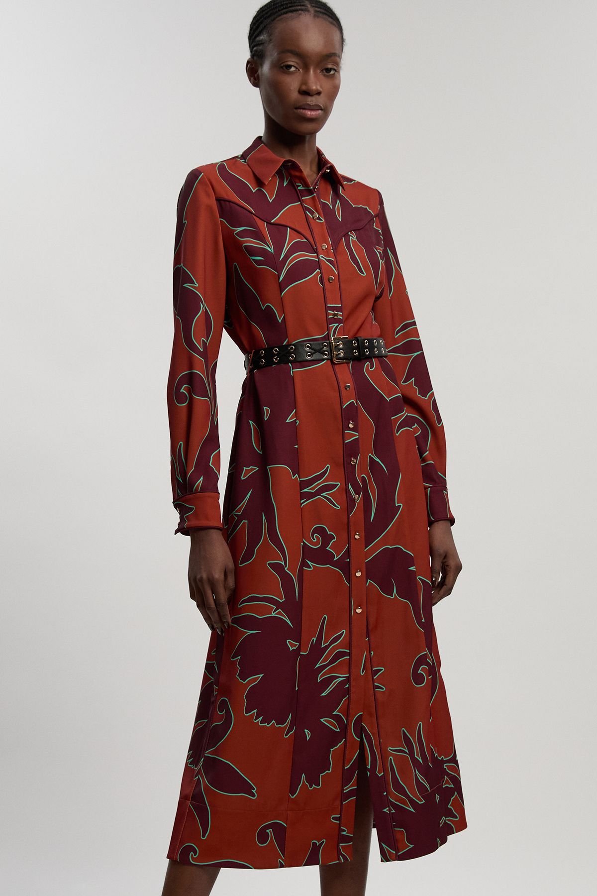 KarenMillen Western Printed Twill Woven Midi Shirt Dress