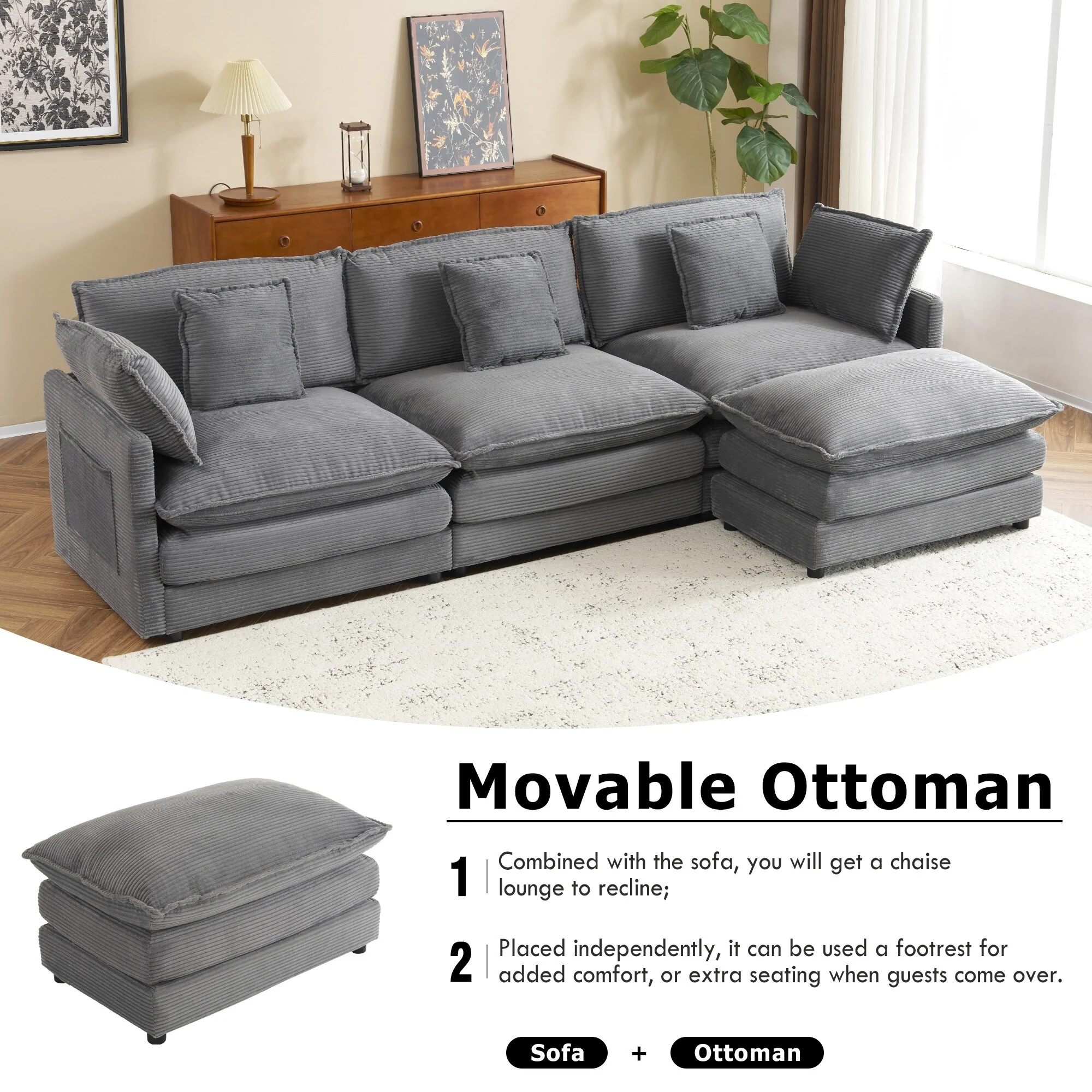 112.6 Corduroy L-Shaped Sectional Sofa with Ottoman and Storage Pockets