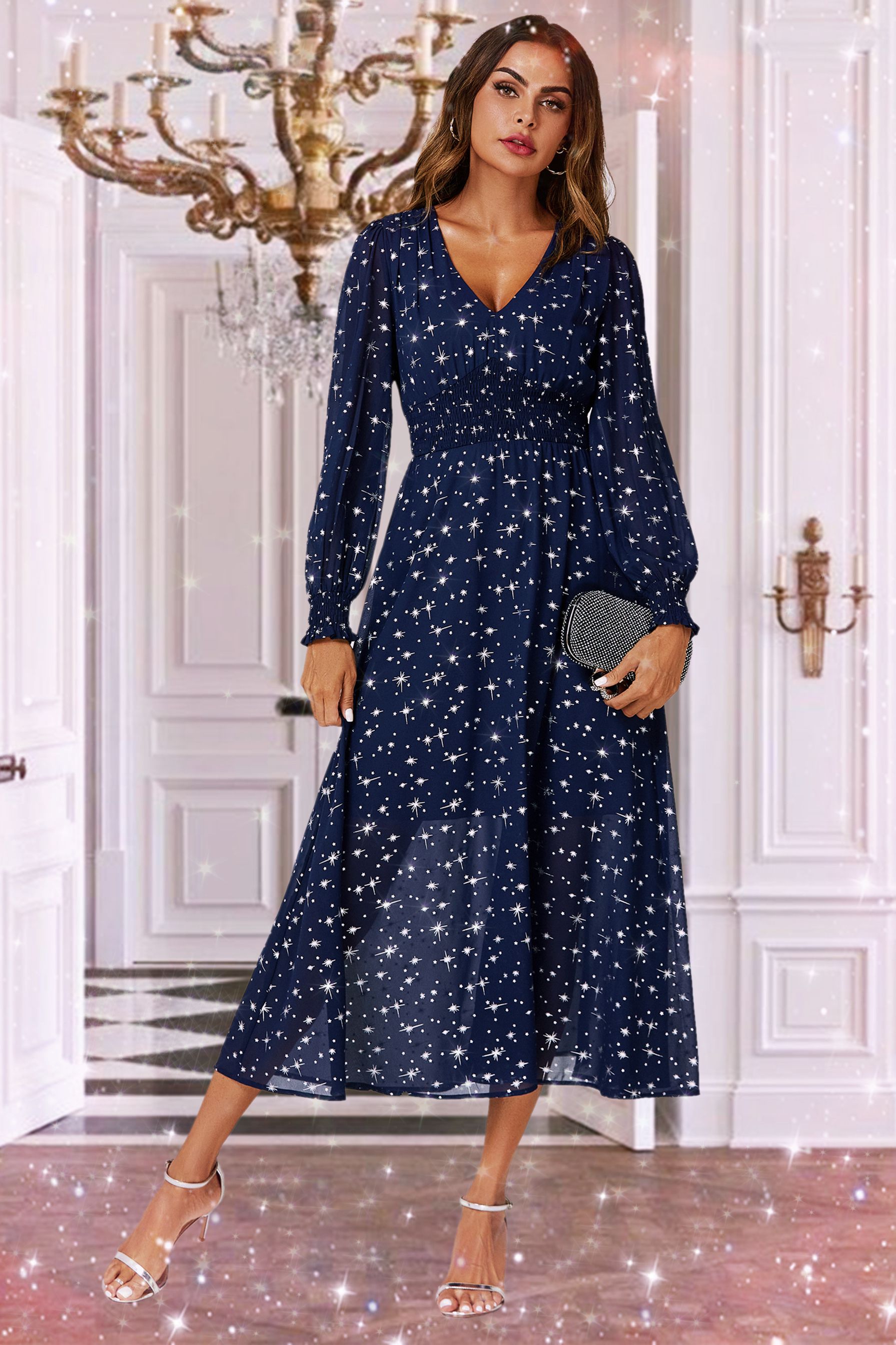 FS Collection Sliver Star Foil V-Neckline Long Sleeve Maxi Dress In Navy