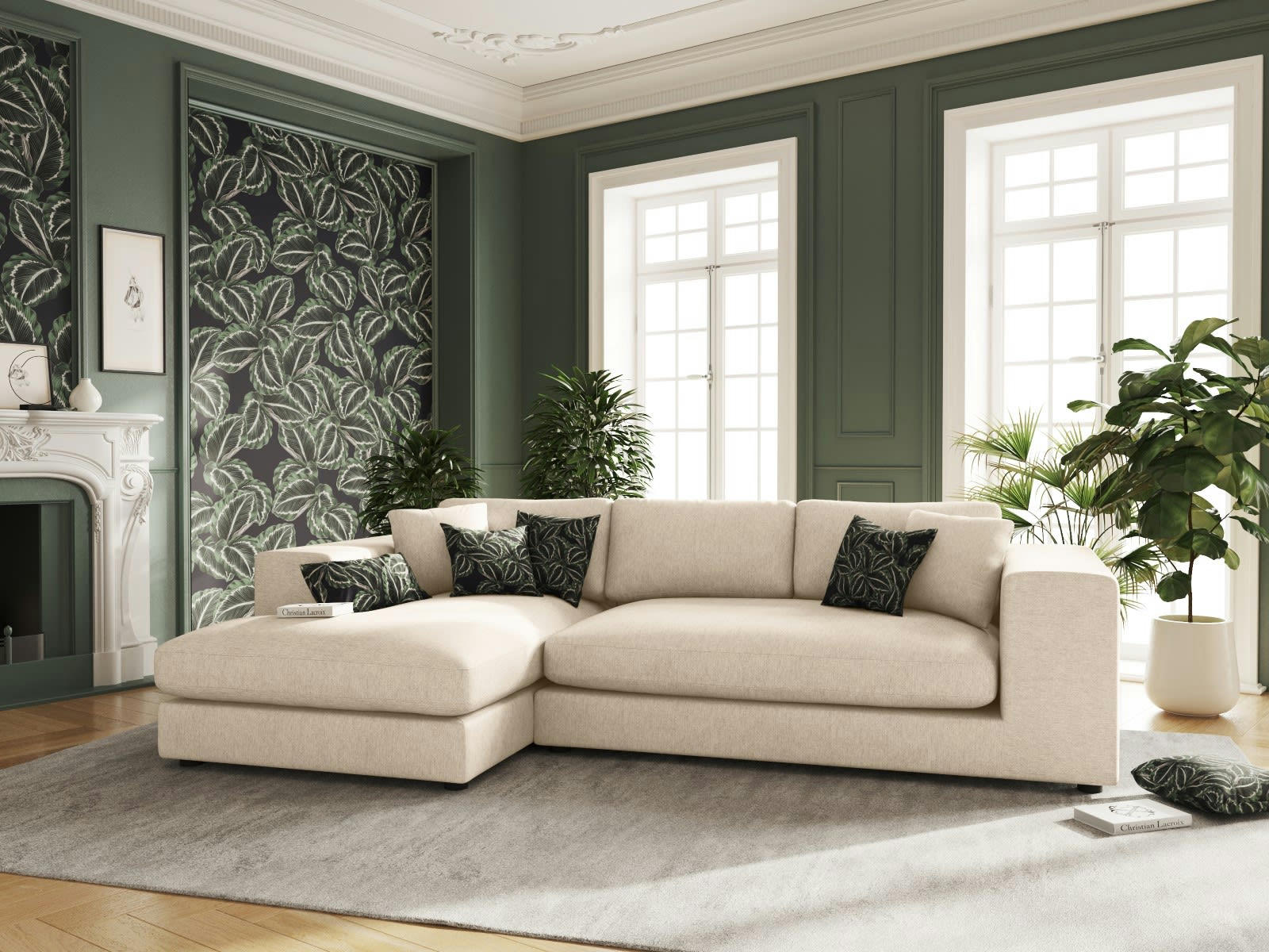 TENDANCE - Canapé D'Angle Gauche 5 places en Tissu Structurel Beige